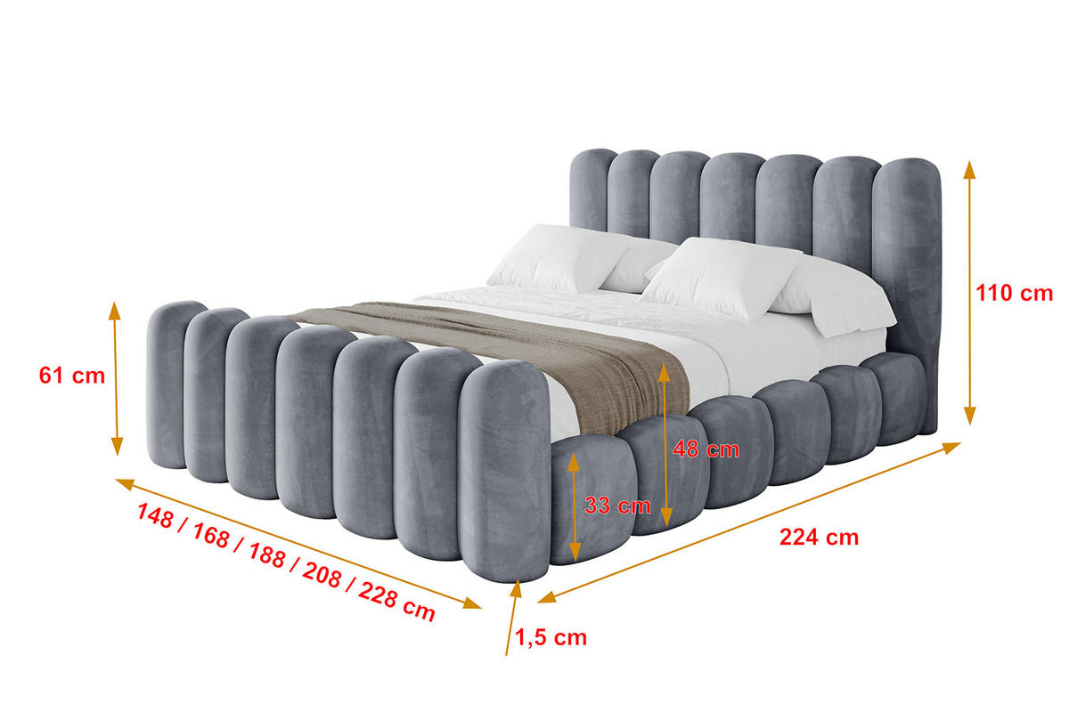 POLSTERBETT mit Bettkasten, Fußteil und Lattenrost, Boxbett ohne Matratze - SENA-Z 180x200 Grau - Grau, Holzwerkstoff/Textil (180/200cm) - ALTDECOR