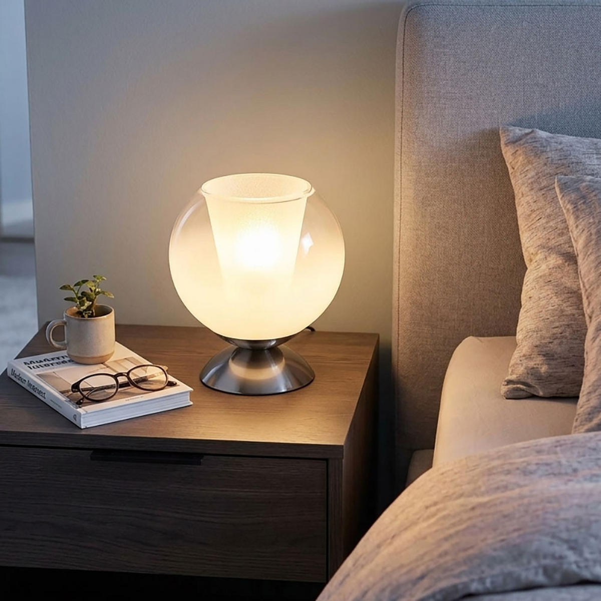 LED TISCHLEUCHTE BARRY Metall, Glas, Silber, E27, Lesefunktion - Silberfarben, Glas (18/18/19cm) - Globo Lighting