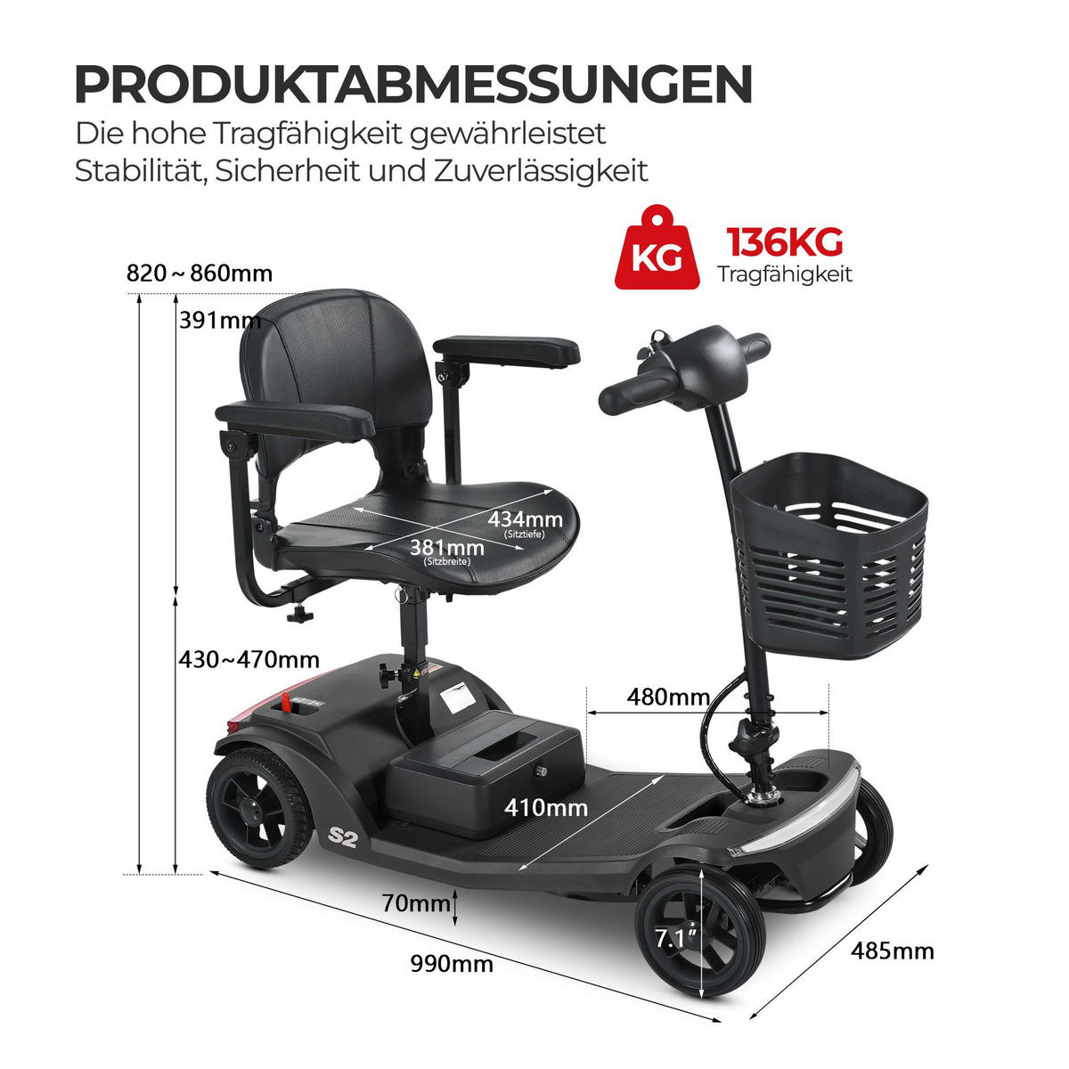 ELEKTROMOBIL mit vier Rädern für Senioren, Tragkraft 136 kg, Geschwindigkeit 6 km/h - Schwarz, Metall (99.9/82/48.5cm)
