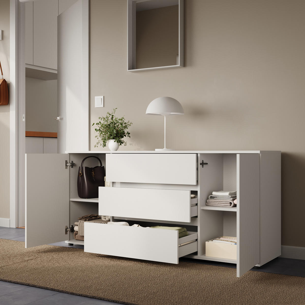 KOMMODE 150 cm Breite mit zwei Türen und drei Schubladen Weiß - Weiß, Holzwerkstoff (150/70/40cm) - Home Collective