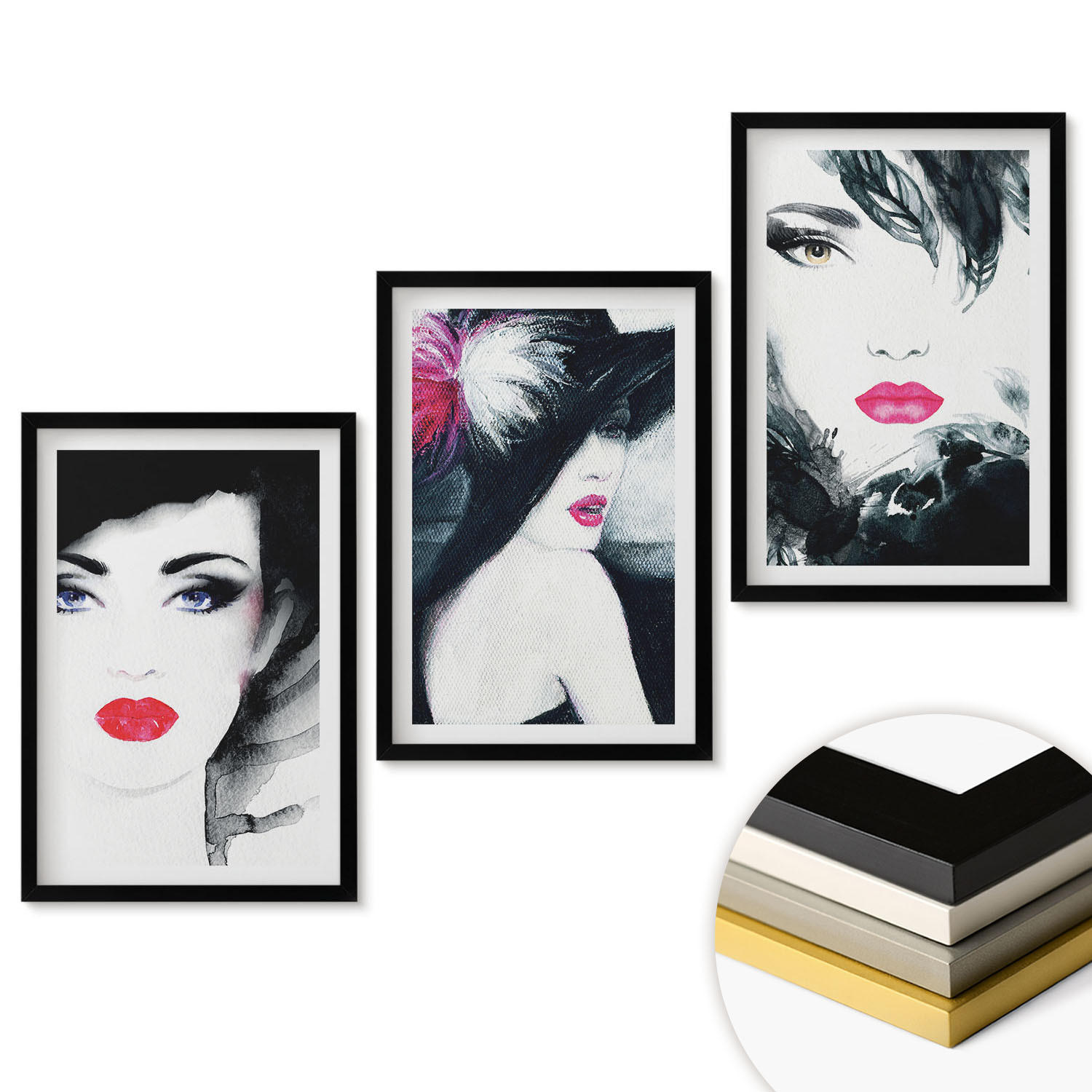WANDBILDER 3er-Set - 40x60 cm Schwarzer Rahmen - Porträts von Frauen mit Lippen - Schwarz, Kunststoff (40/60cm) - ArtPrintCave