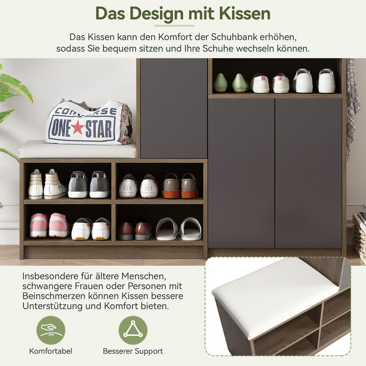 SCHUHSCHRANK GRAU mit gepolstertem Sitz und verstellbaren Regalen 140x35x110 cm - Braun, Holzwerkstoff (35/110/140cm) - Fuleadture