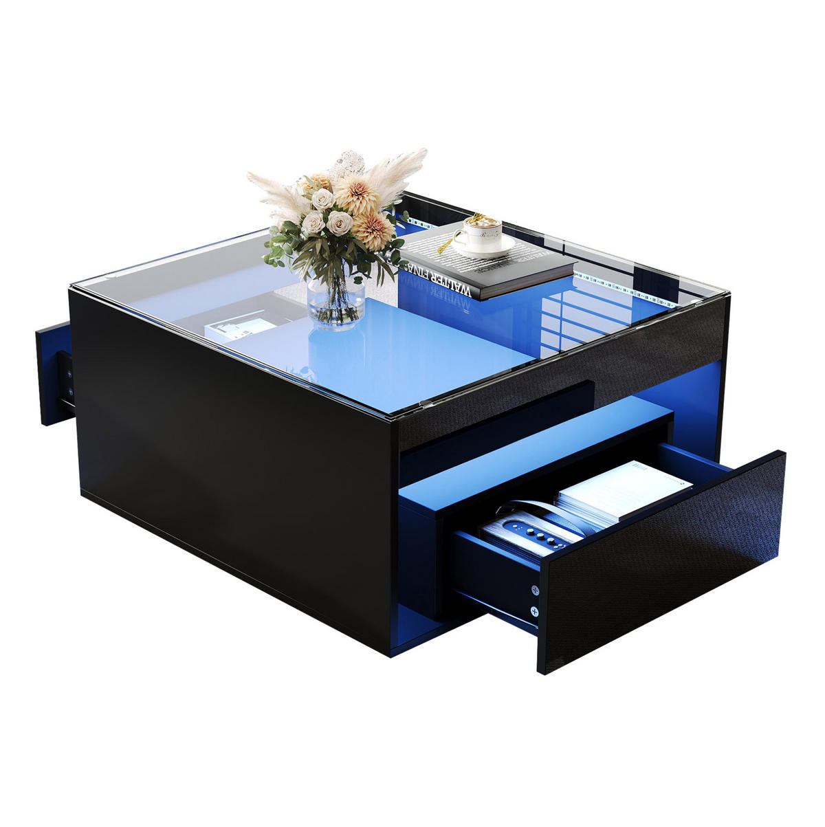COUCHTISCH 70/70/35 cm mit LED-Beleuchtung und 2 Schubladen in Schwarz - Schwarz, Holzwerkstoff (70/70/35cm) - Flora Grace
