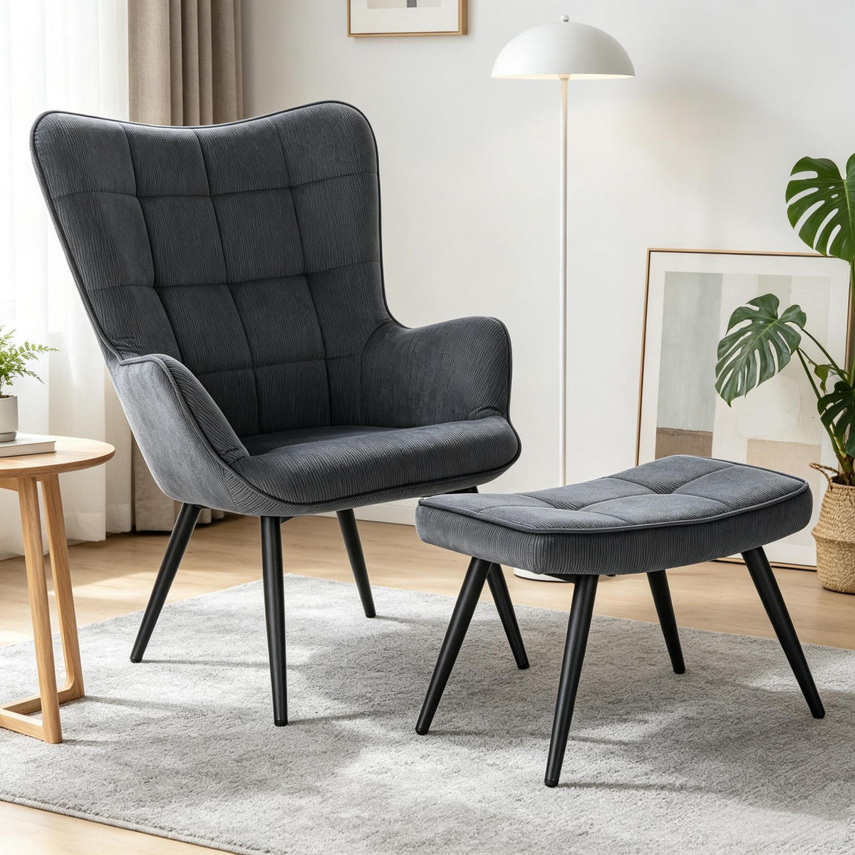 OHRENSESSEL mit Hocker, DE-42162, Dunkelgrau - Dunkelgrau, Metall (50/97/49cm) - ComfortXL