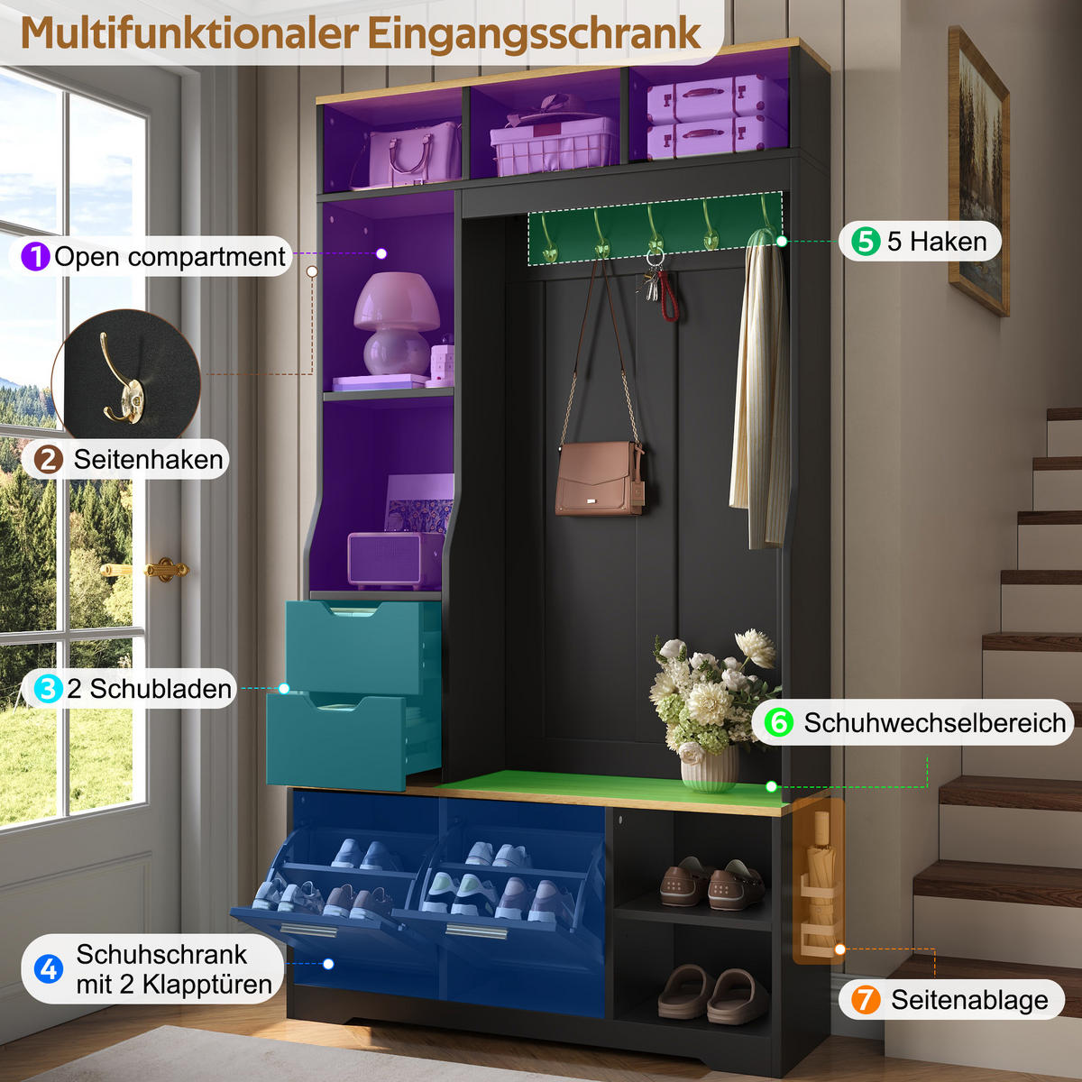 KOMPAKTGARDEROBE Schwarz Flurschrank mit Sitzbank, Schuhschrank & LED Licht - Schwarz, Holzwerkstoff (100/186/32cm) - Urban Meuble