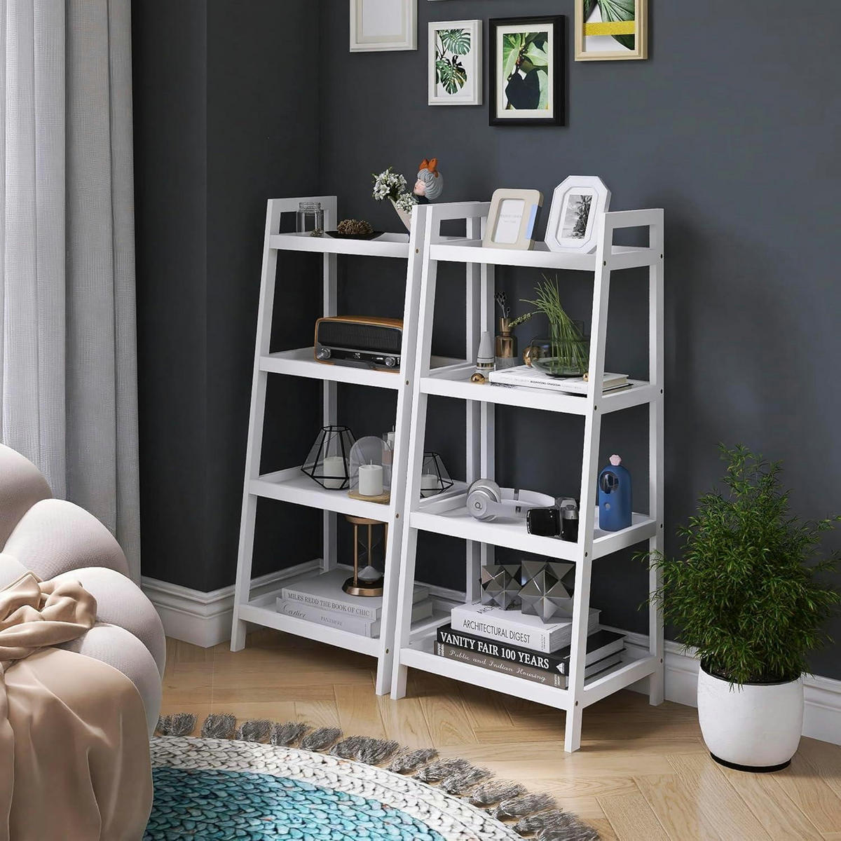 BÜCHERREGAL Leiter weiß 4 Ablagen 99cm H - Weiß, Naturmaterialien (34/99/43cm)