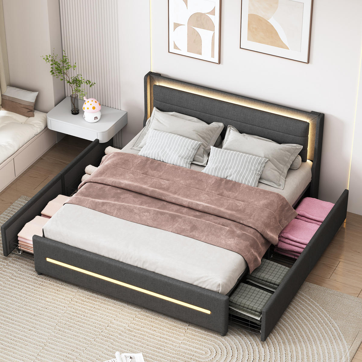 POLSTERBETT 160/200 cm DE-01937, in Grau, mit LED-Beleuchtung und 4 Schubladen - Grau, Metall (160/200cm) - ComfortXL