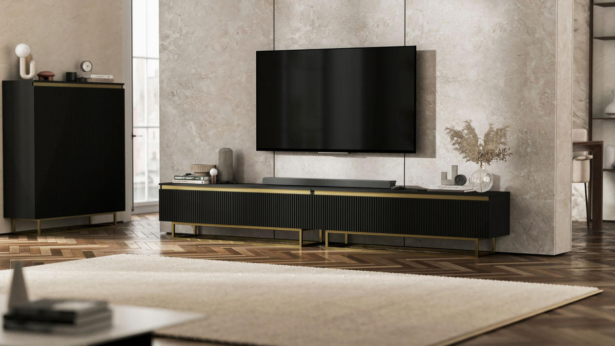 TV-LOWBOARD 2-er Set Selene Glamour Schwarz Matt mit Metallrahmen 140 cm - Goldfarben/Schwarz, Holzwerkstoff/Metall (280/44/35cm) - Meble Lindner