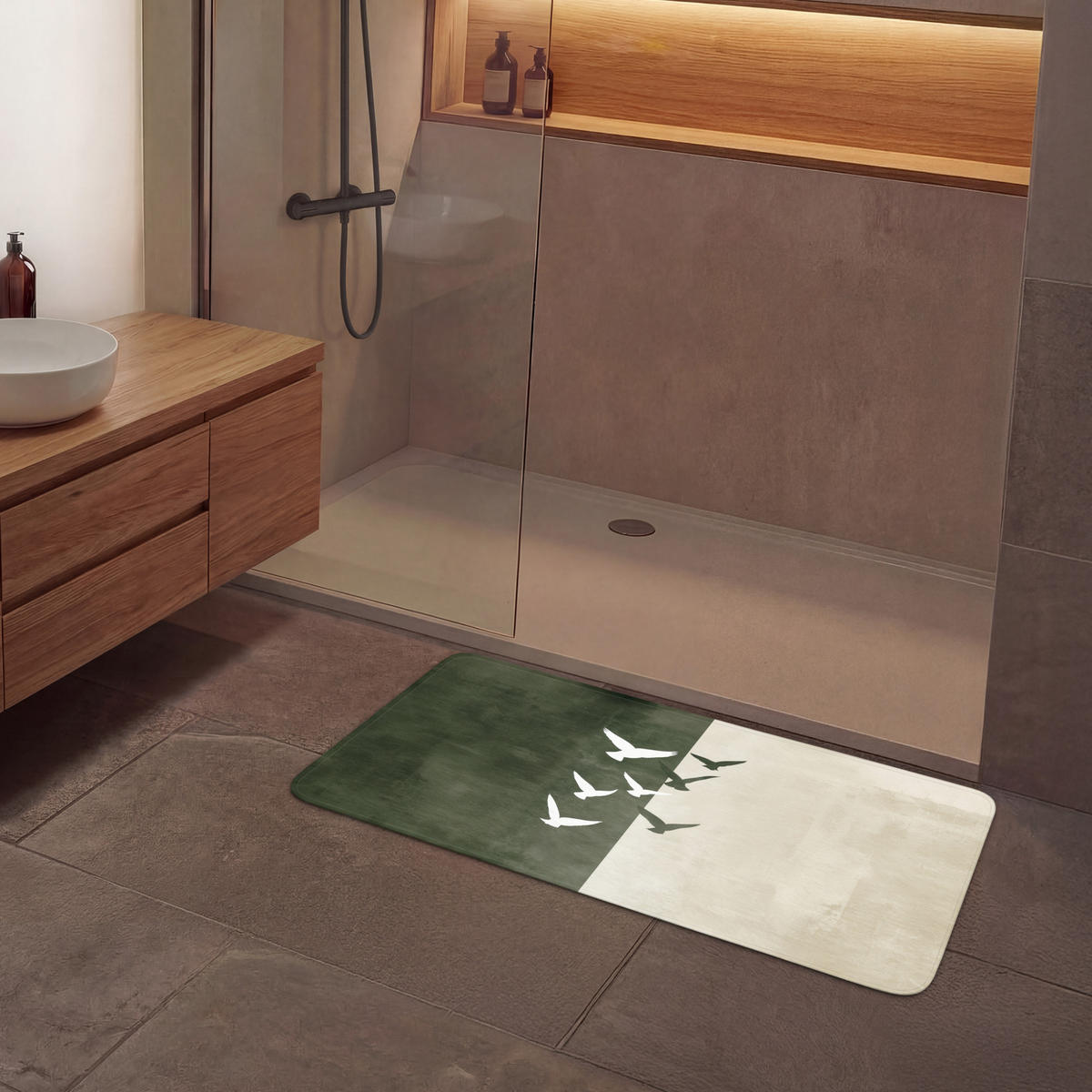 KOUPELNOVÁ PŘEDLOŽKA Japandi - Pták - Zelený 120x60 cm - olivově zelená, textil/plast (120/60cm)