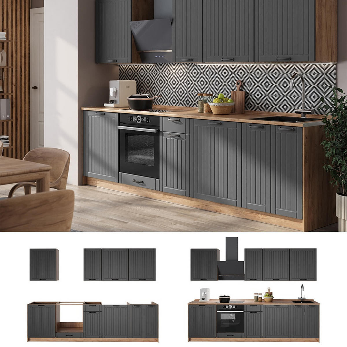 KÜCHENZEILE Fame-Line, Dunkelgrau/Goldkraft Eiche, 280 cm, AP Eiche - Honigeiche/Dunkelgrau, Holzwerkstoff (280/206.8/60cm) - Vicco