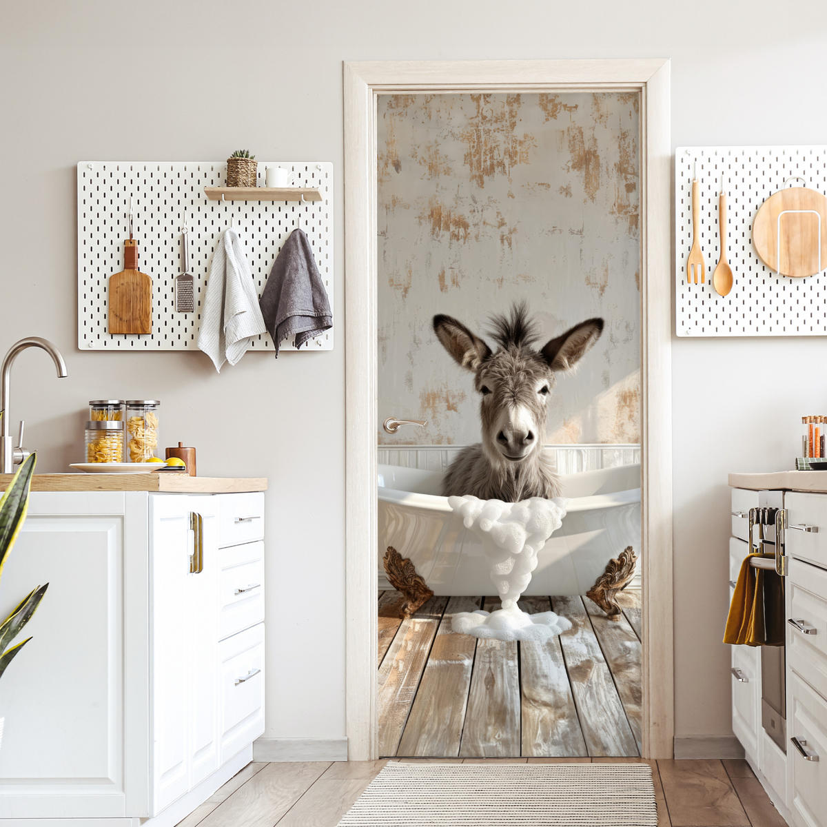 TÜRAUFKLEBER Selbstklebend - Esel - Tier - Vintage - Badewanne 95x215 cm - Türtapete - Eukalyptusholzfarben, Kunststoff (95/0.1cm) - MuchoWow