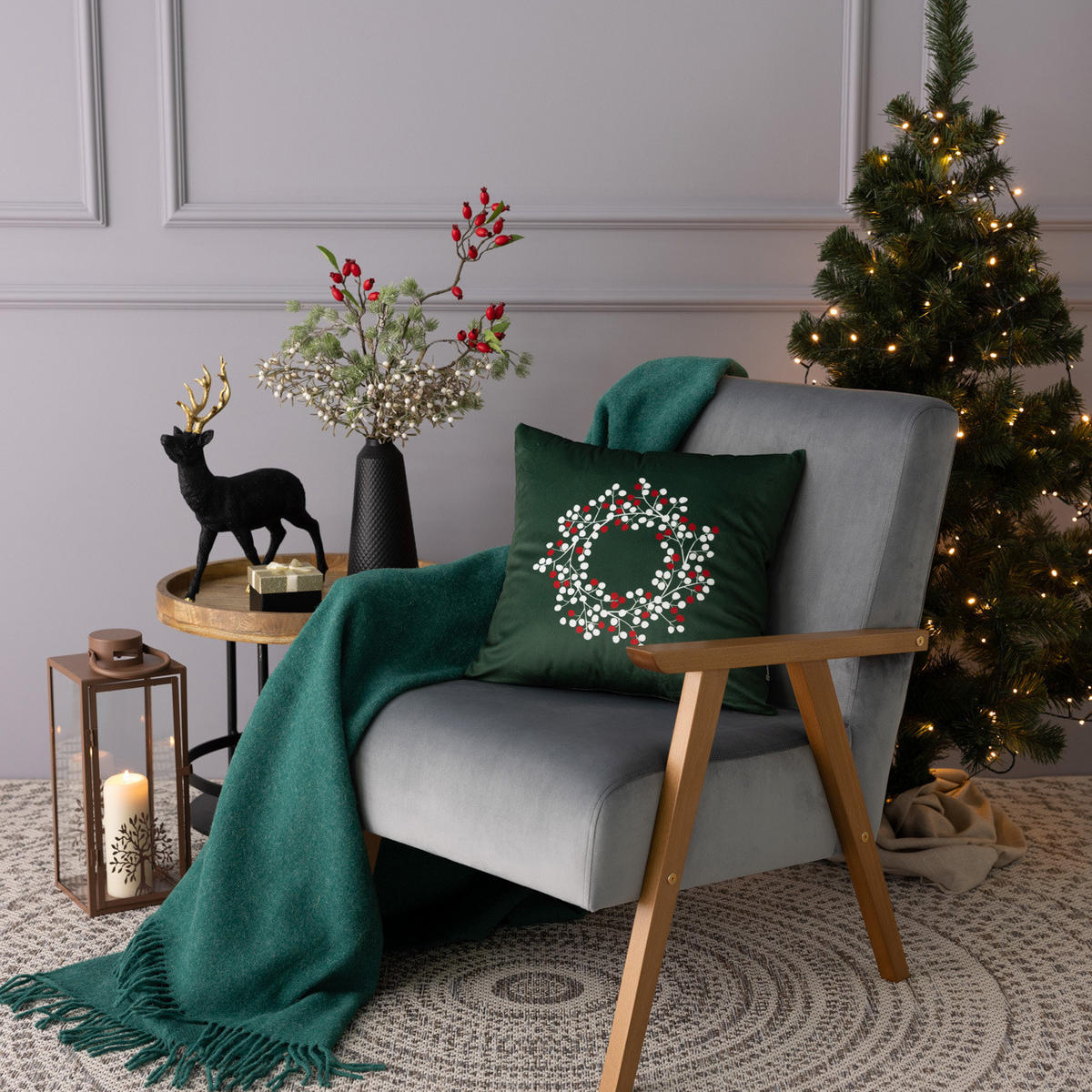 KISSENHÜLLE Berry Wreath 43x43 cm - Grün, Textil (43/1cm) - Dekoria