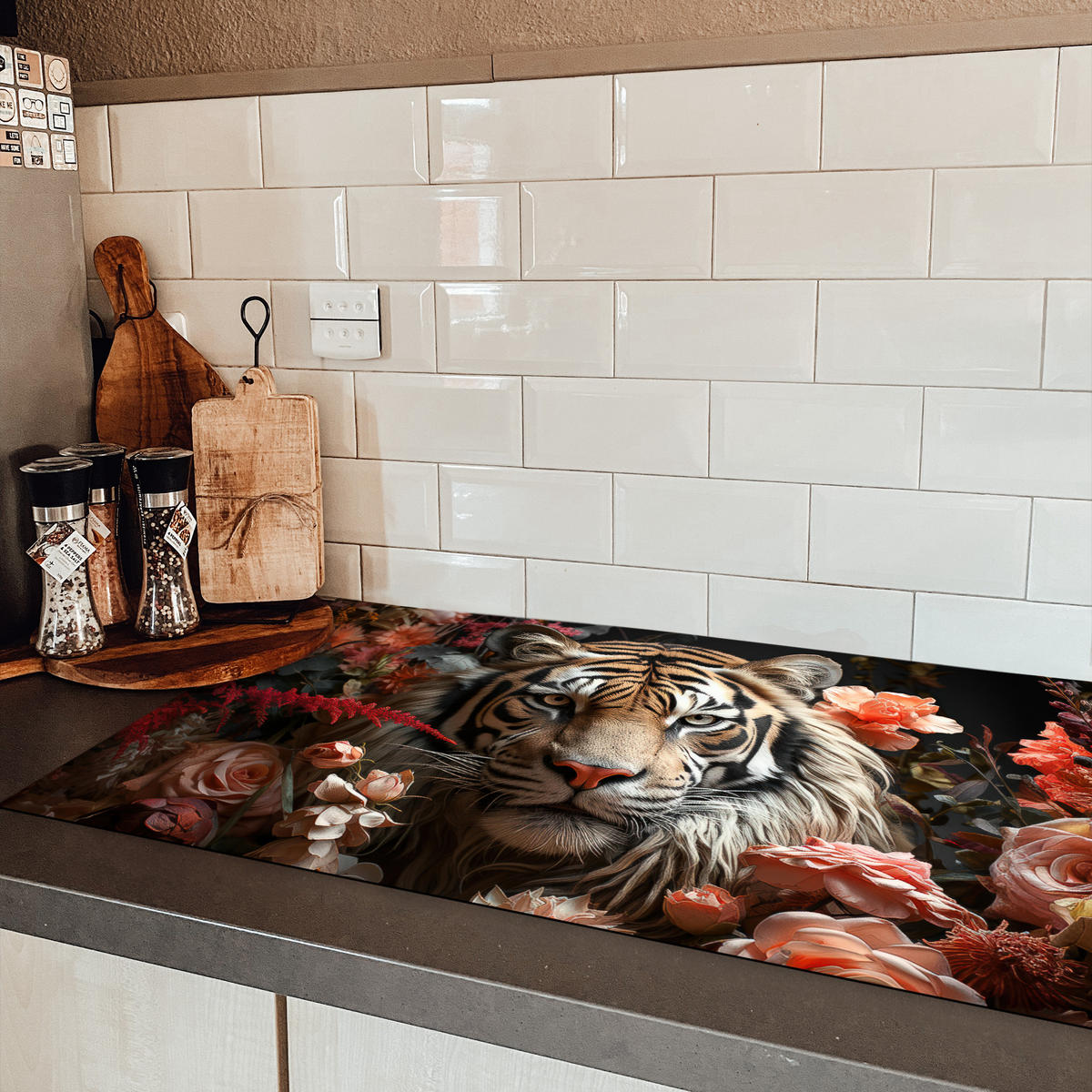 HERDABDECKPLATTE Tiger - Tier - Natur - Floral - Botanisch 89x51 cm - Orange, Kunststoff (89.6/51.6/0.2cm) - MuchoWow