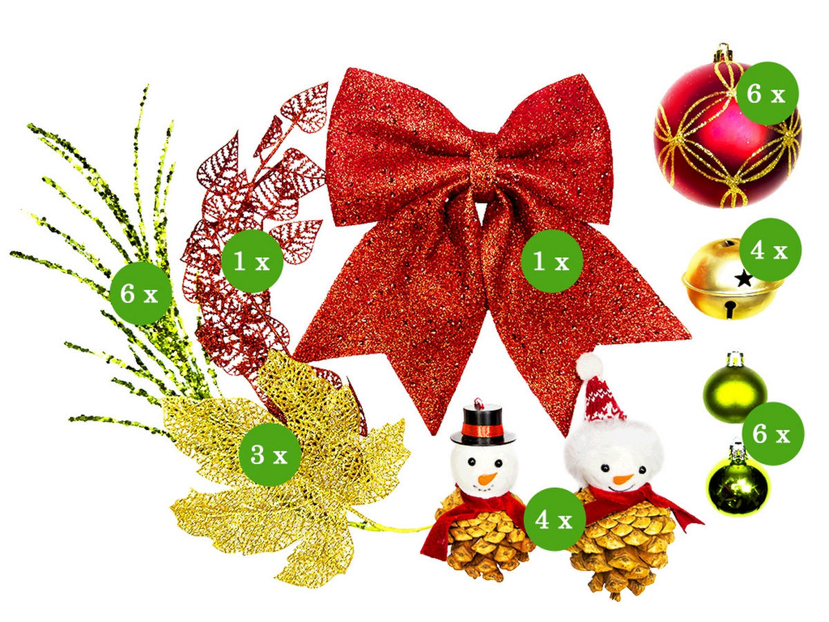 LAALU CHRISTBAUMKUGEL-SET 31 Stück in Box SNOWBIRD für Weihnachtsbaum bis zu 100 cm - Rot/Goldfarben, Holzwerkstoff/Kunststoff (20/12/30cm) - LAALU