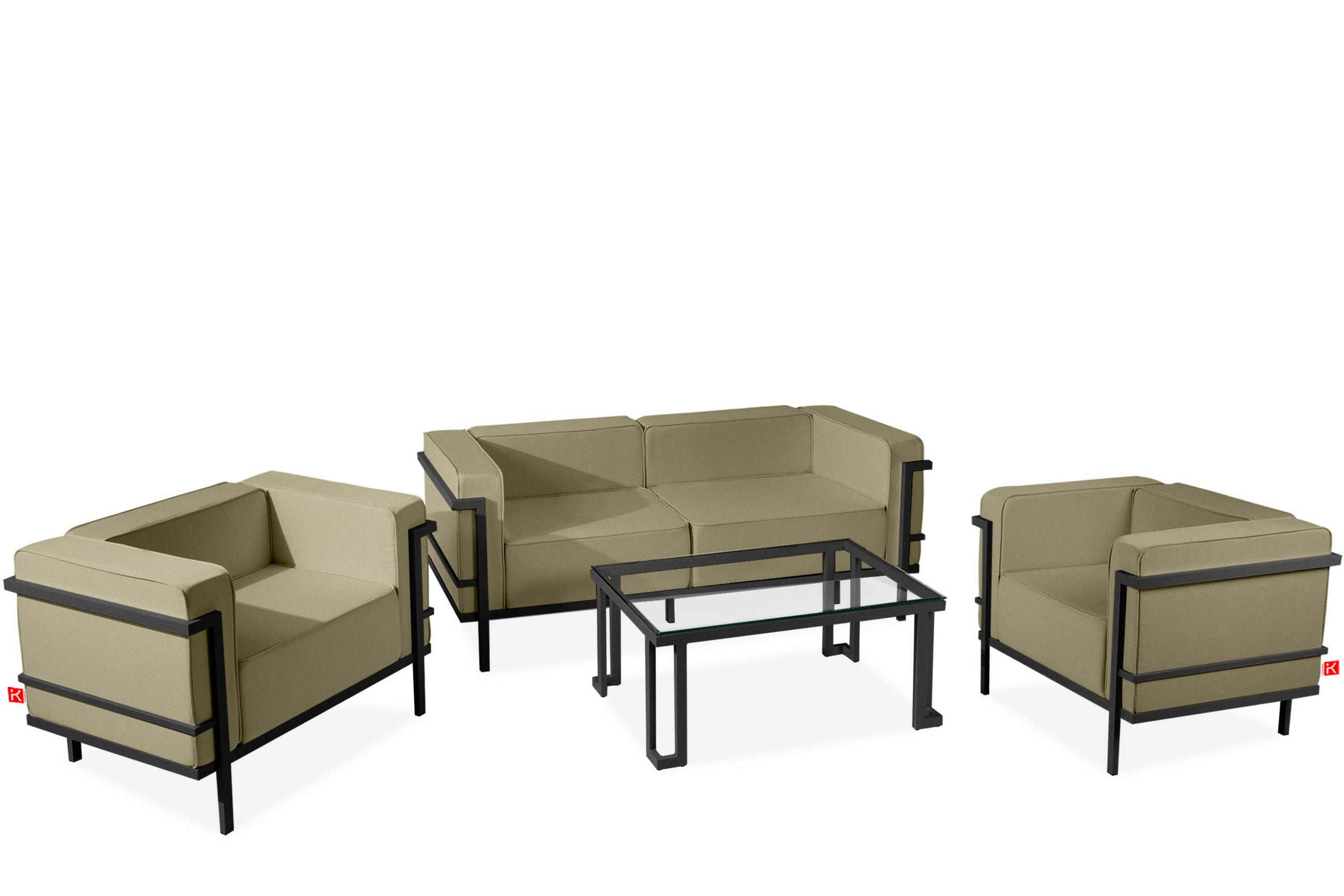 GARTENLOUNGE-SET TRIGLO 4-tlg., 1x Tisch, 2x Sessel, 1x Sofa 2-Sitzer, Modern, Dunkelgrau/Beige - Dunkelgrau/Beige, Textil/Metall - KONSIMO®