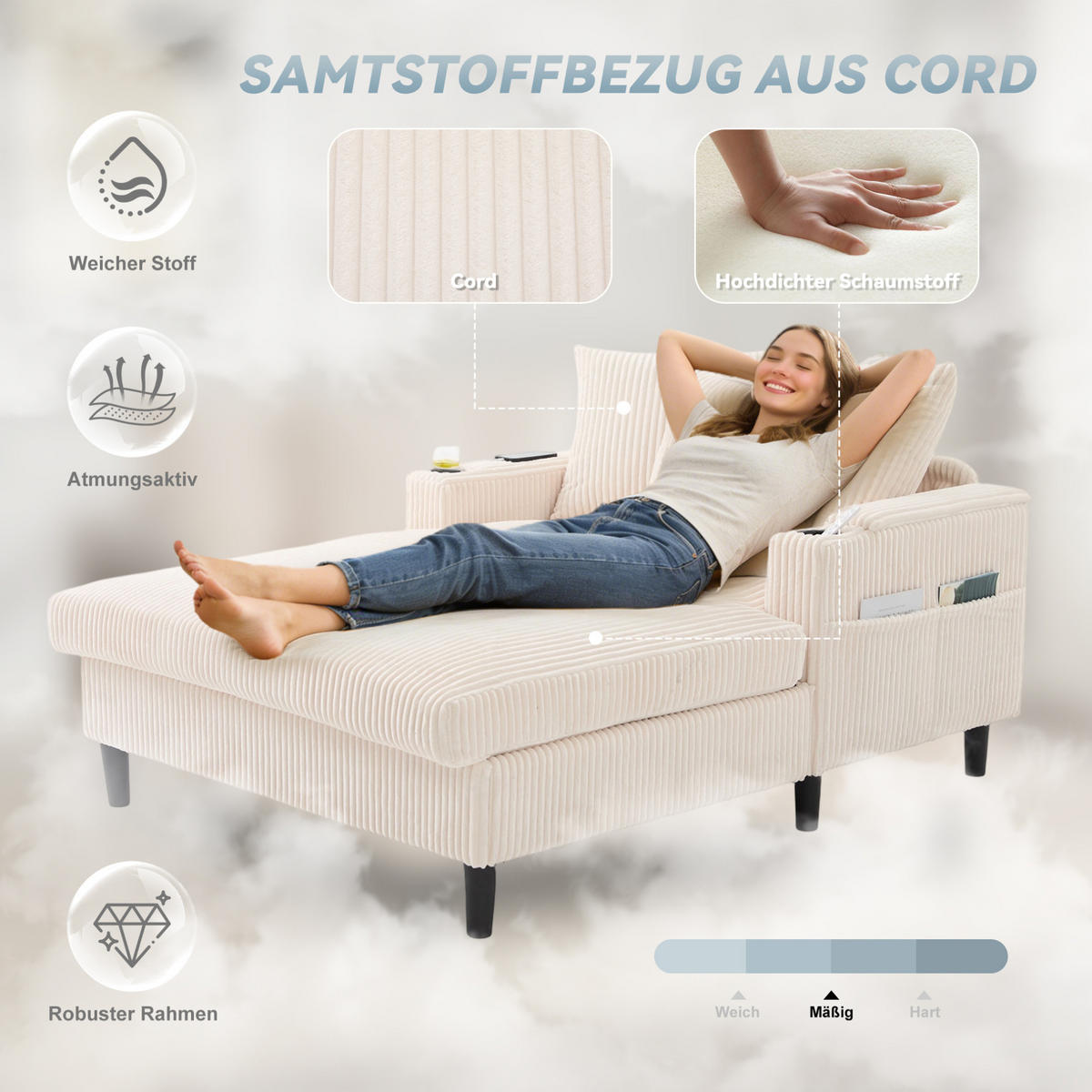 CHAISELONGUE 129/170/70 cm mit LED-Beleuchtung, USB-Ladeanschluss, Stauraum und Becherhaltern, Beige - Beige, Textil (170/70/129cm) - Redom