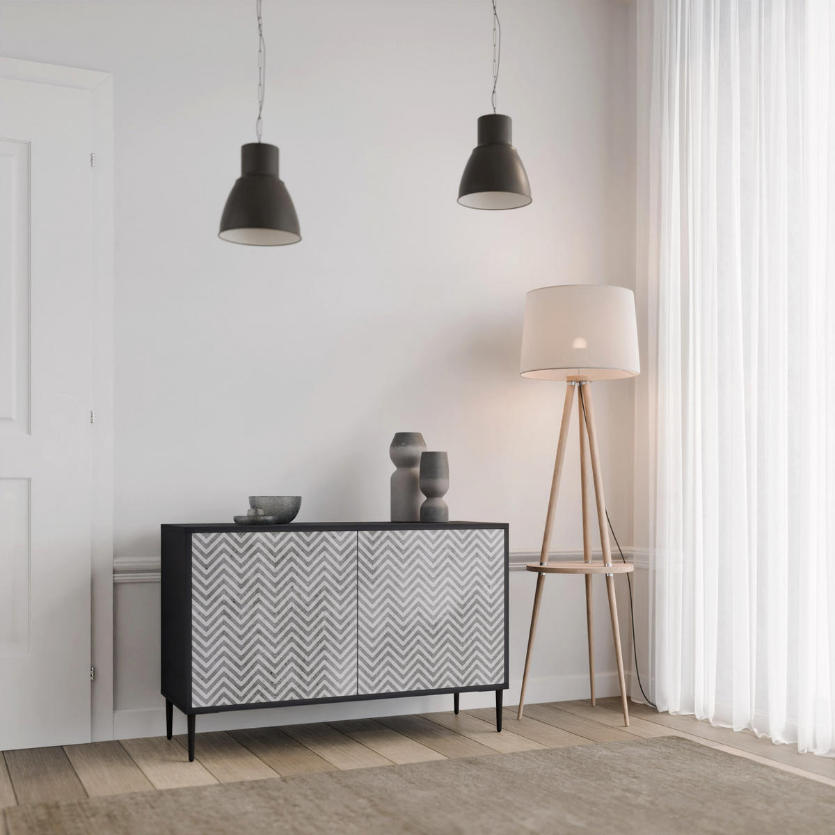 SIDEBOARD CONCRETE ZIG ZAG, Eicheneffekt, 111x42x77,5 cm, 2 Türen - Eichefarben/Buchefarben, Holzwerkstoff/Buchenholz (111/77.5/42cm) - SpaceRebels