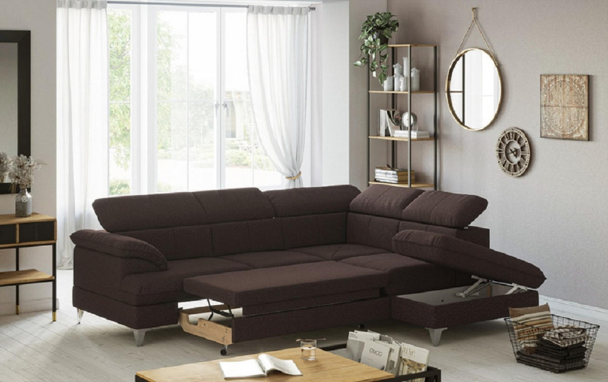 ECKSOFA mit Schlaffunktion und Bettkasten, verstellbare Kopfstützen - Chromfarben/Dunkelbraun, Textil/Metall (208/256cm) - Cotta