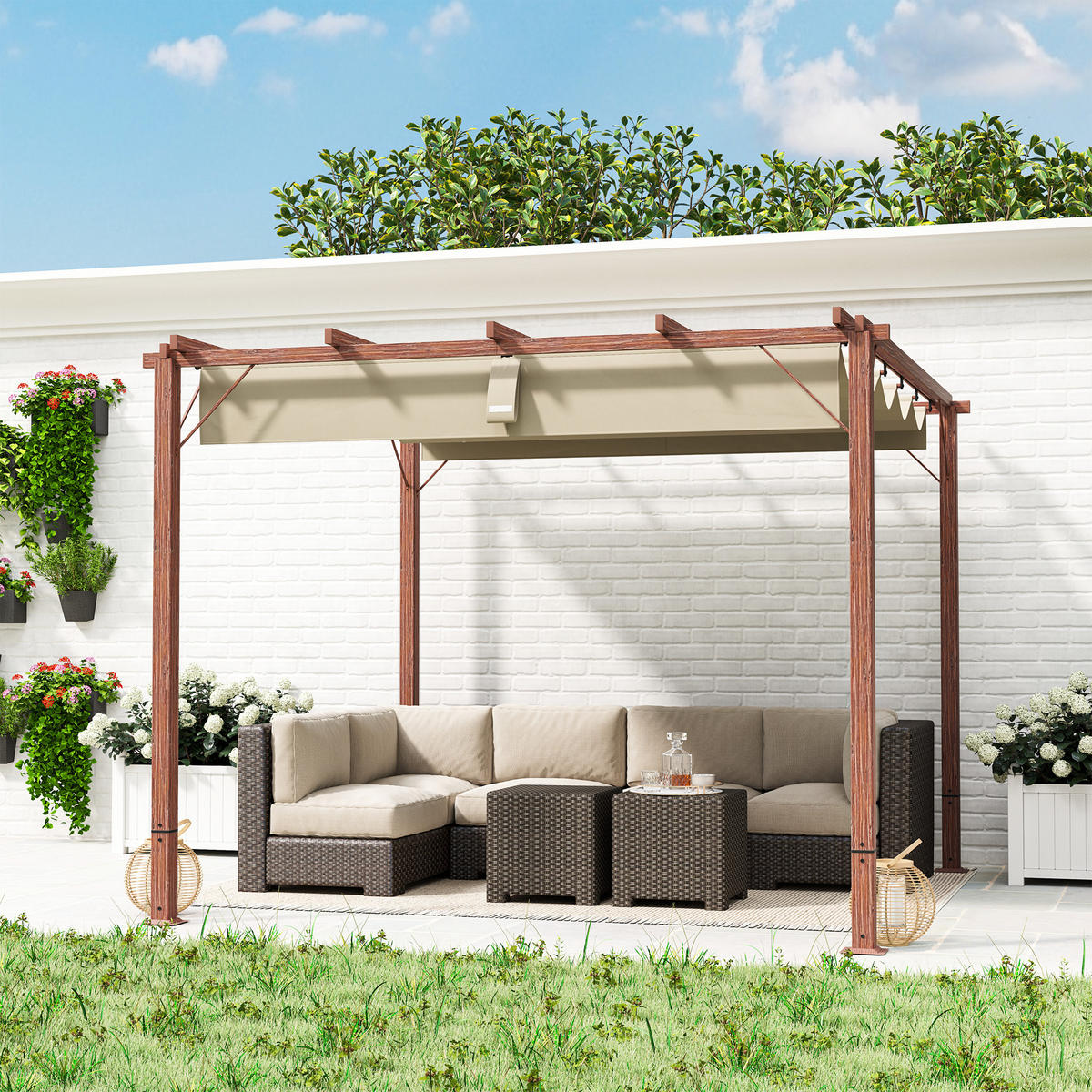 3 x 3 m Garten-Pergola, Verstellbares Terrassendach, Aluminium-Rahmen, UPF30+ Sonnenschutz, Naturholz - Naturfarben, Metall (299/232/296cm)
