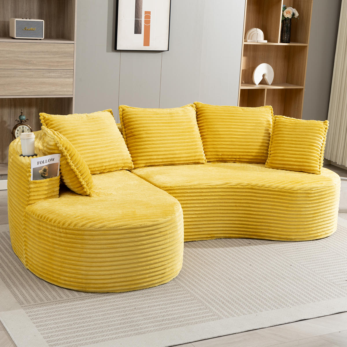 ECKSOFA Cord Senfgelb mit Getränkehaltern, Seitentaschen und Kissen - Gelb, Textil (250/152cm) - WISHDOR