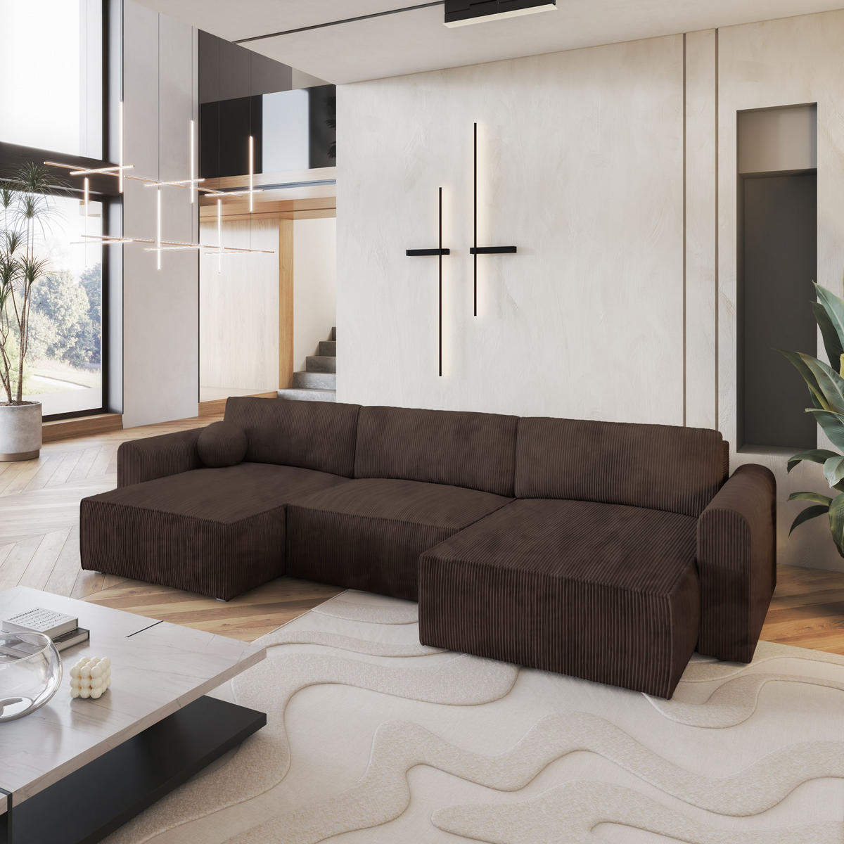 WOHNLANDSCHAFT FENTO P Braun Kordstoff mit Schlaffunktion - Braun, Holz (347/90/148cm) - MASSENO