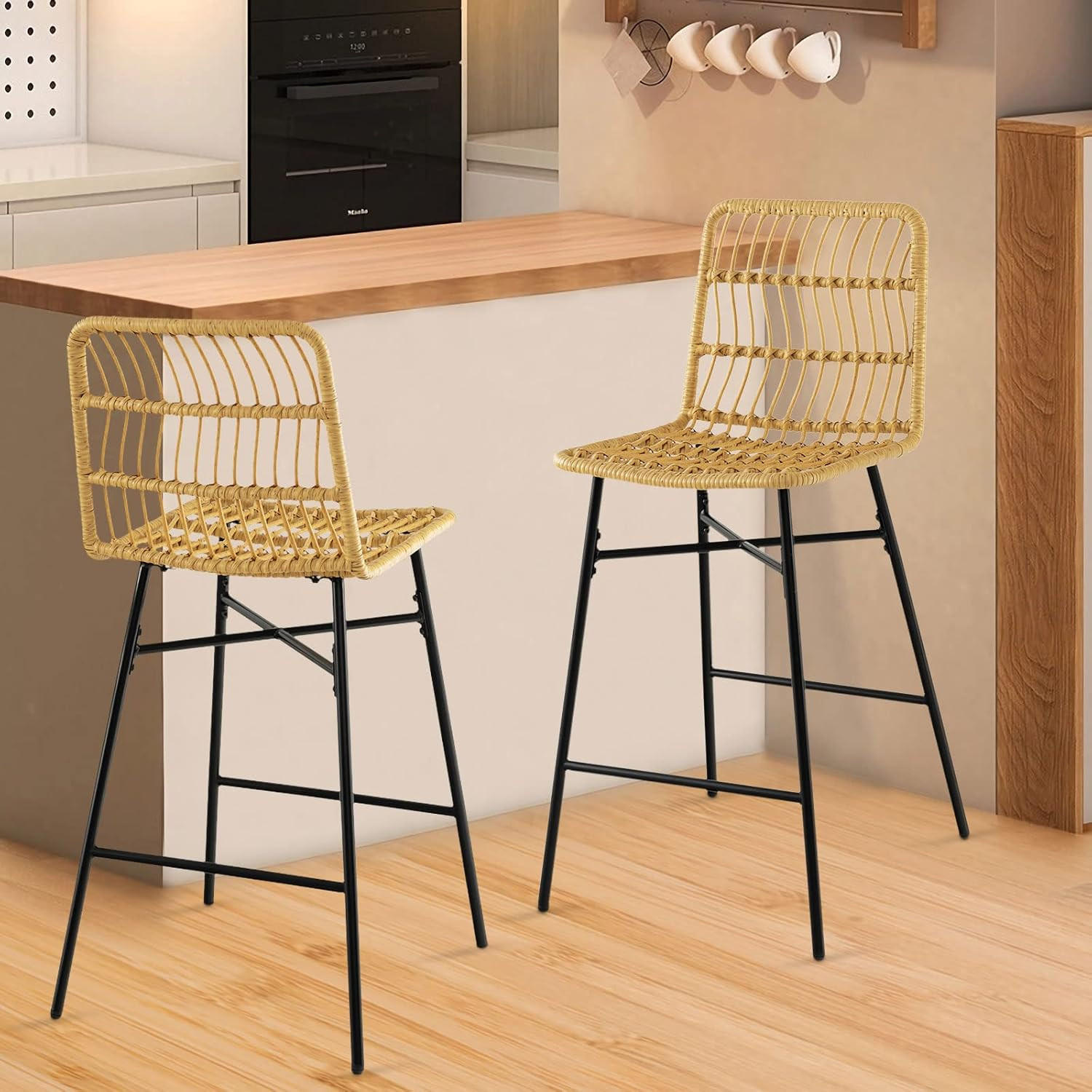 BARHOCKER Rattan Gelb(2er-Set) - Gelb, Naturmaterialien (56/104/49cm) - COSTWAY