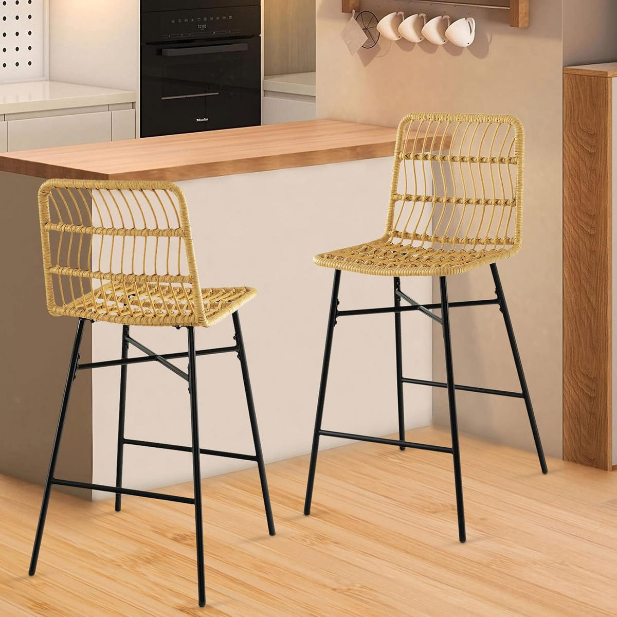 BARHOCKER Rattan Gelb(2er-Set) - Gelb, Naturmaterialien (56/104/49cm) - COSTWAY
