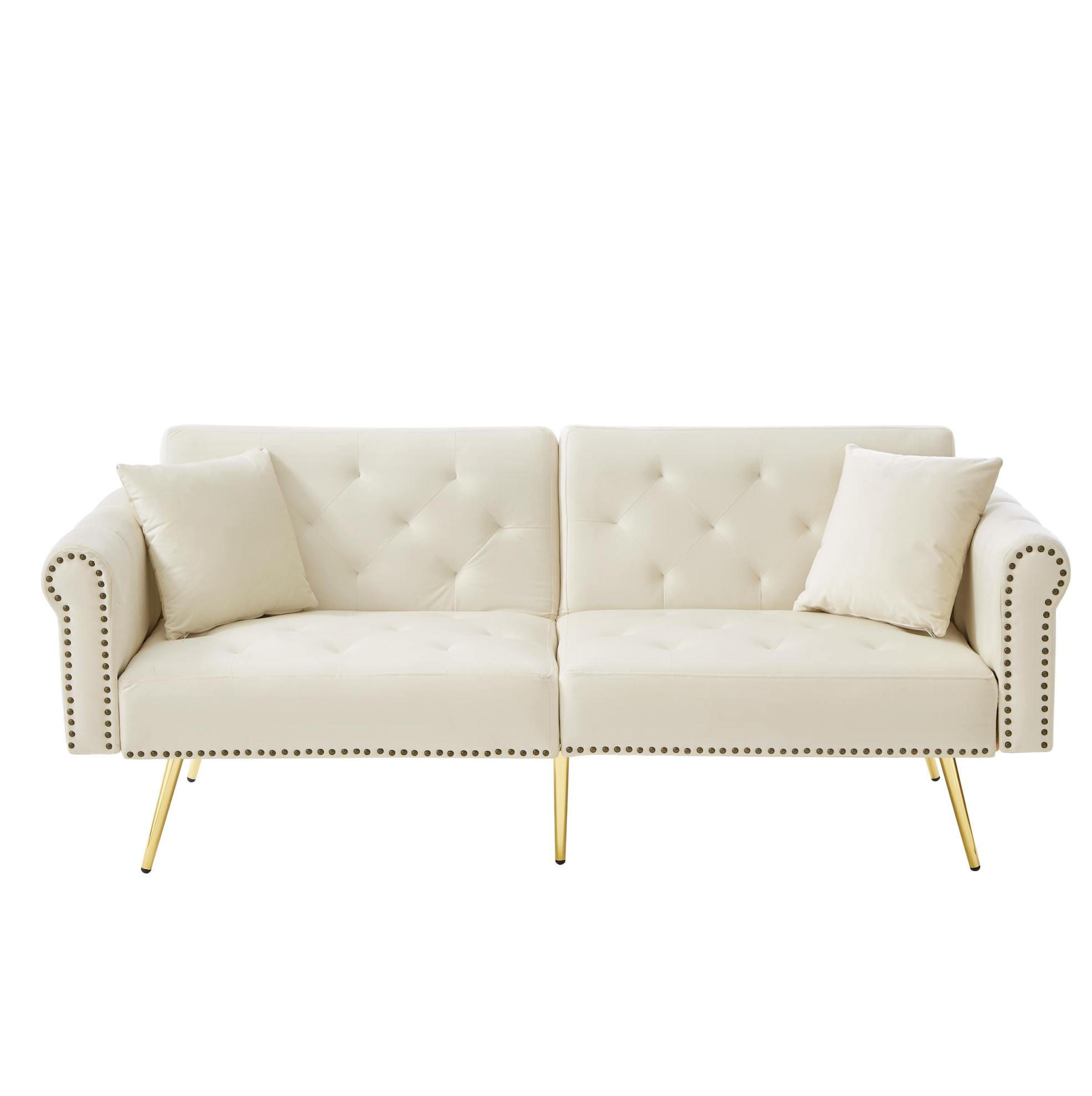 OKWISH ROZKLÁDACÍ pohovka 147/85 cm béžová ze sametu s nastavitelnou opěrkou a zlatými nohami