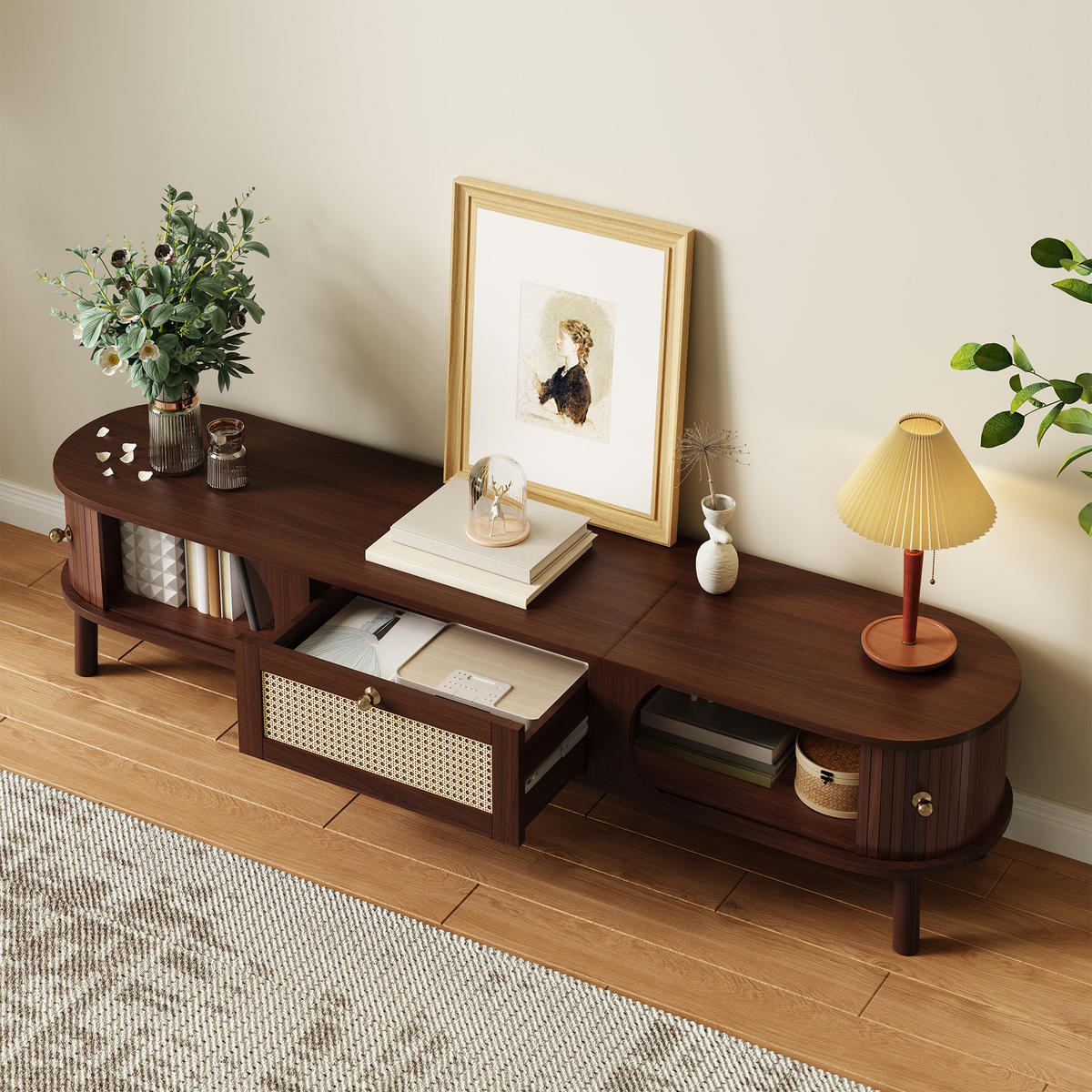 TV-SCHRANK mit Rattan-Schubladen und Türen in Holzoptik 170/38/39.5 cm - Eichefarben, Holzwerkstoff (170/38/39.5cm) - Redom