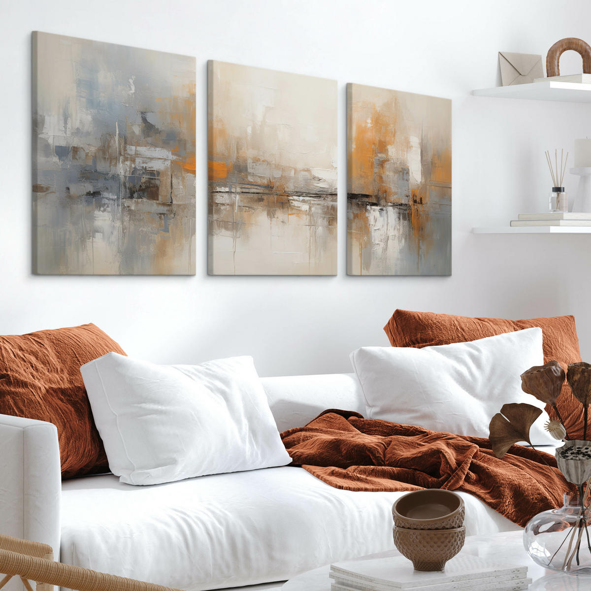 LEINWANDBILDER 3-es Set Abstrakte Kunst - Beige/Schwarz, Textil (90/40cm) - Muralo