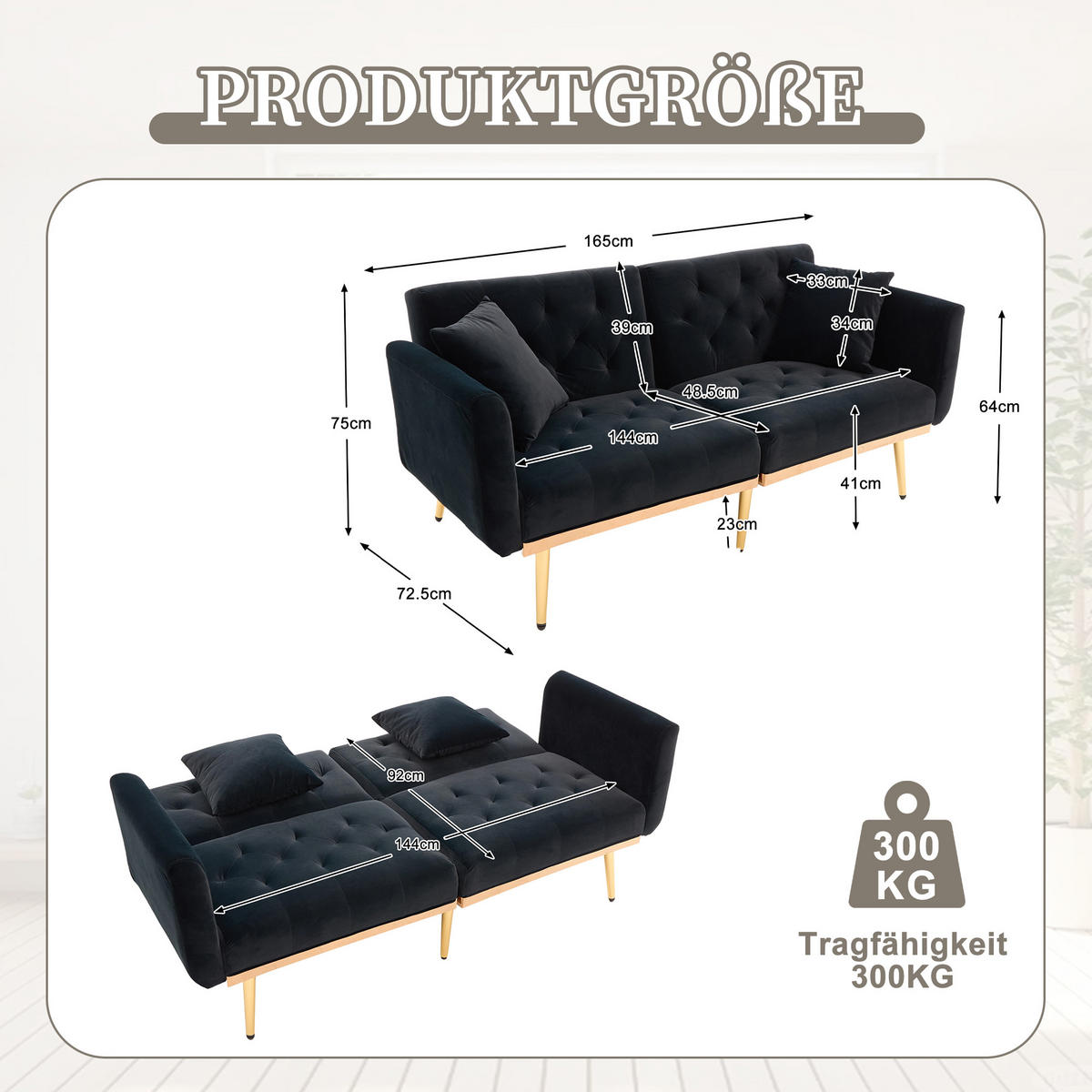 2-SITZER Schlafsofa Samt mit 3-fach verstellbarer Rückenlehne Schwarz 165/72,5/75 cm - Schwarz, Textil (72.5/75/165cm)