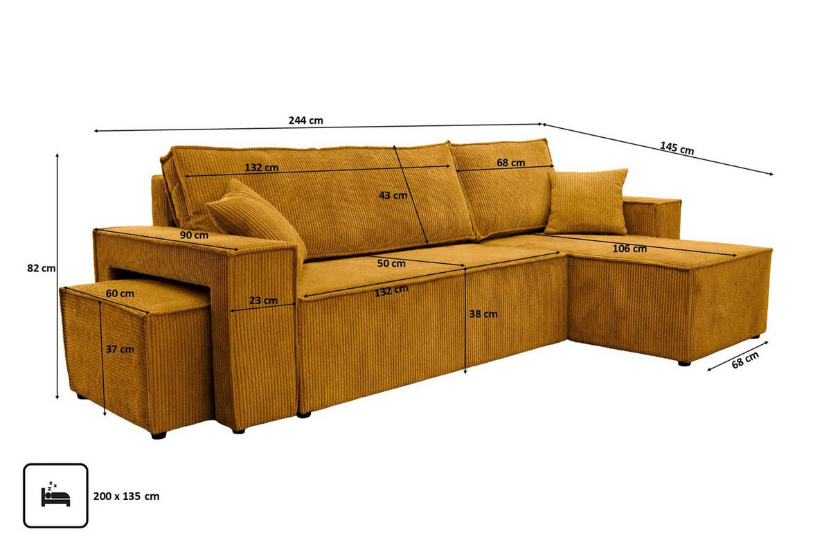 ECKSOFA Mit Schlaffunktion Und Pouf, Cordstoff Poso, Senffarbe, Rechts, Best L Mit Pouf - Gelb, Holz (244/145cm) - Kaiser Möbel