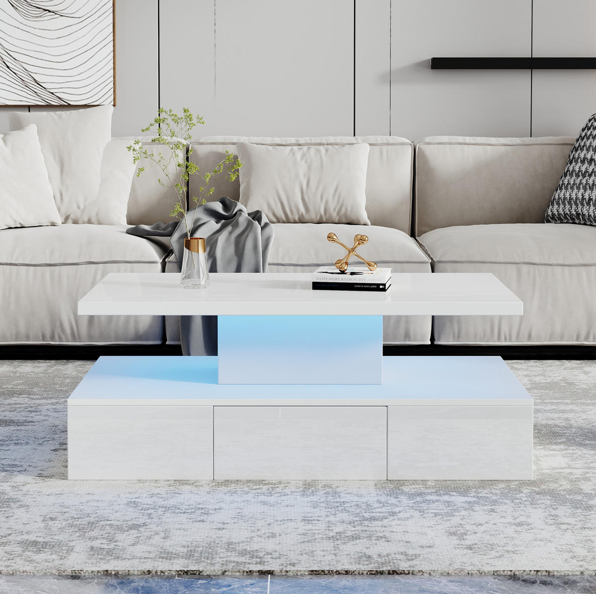 COUCHTISCH aus Spanplatte 100x50x39 cm Weiß mit LED-Beleuchtung, offener Ablage, Schublade und Hochglanzfront - Weiß, Holzwerkstoff (100/50/39cm) - Modfu