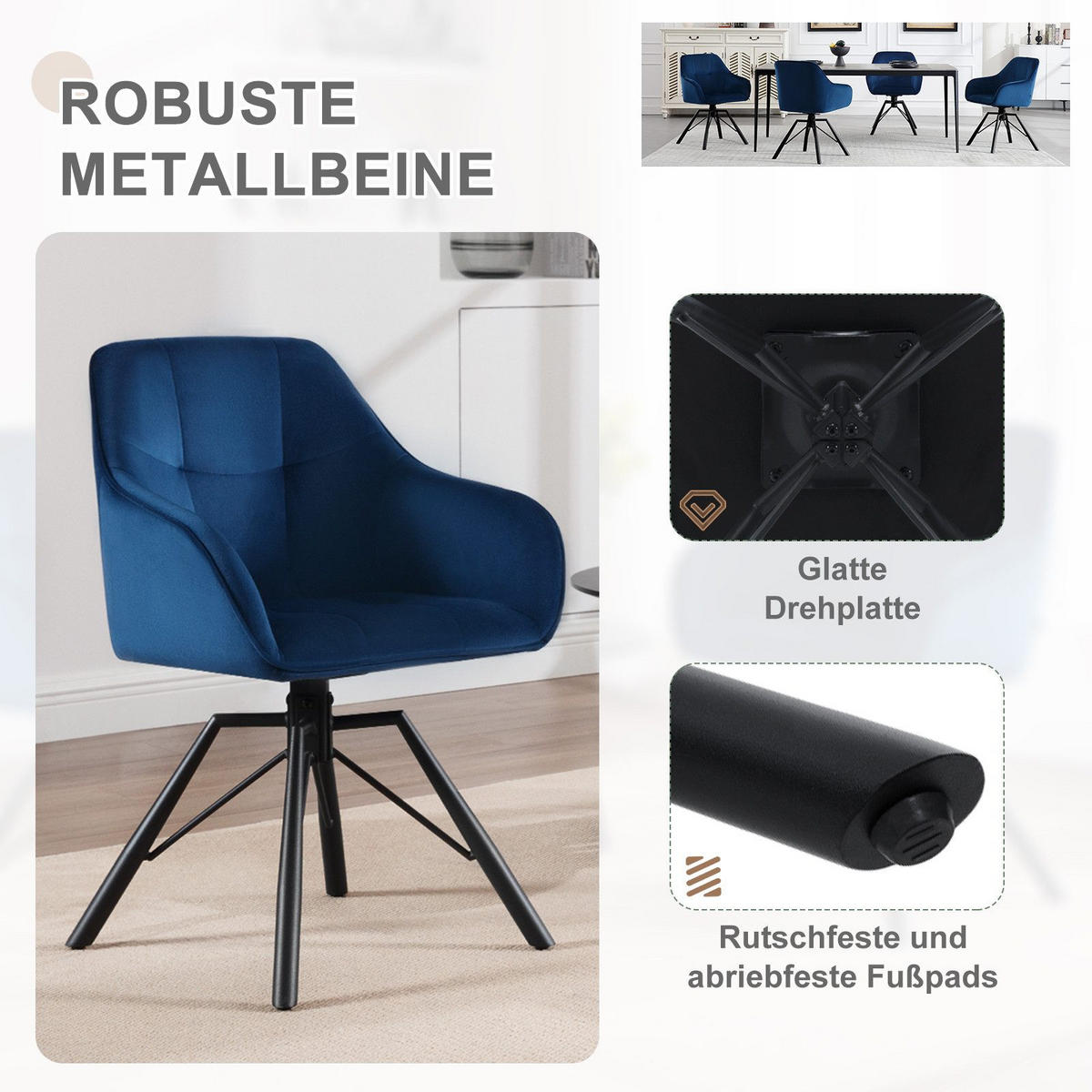 ARMLEHNSTUHL drehbar mit Samtbezug - Blau/Schwarz, Textil/Metall (57/82.5/54cm) - Woltu
