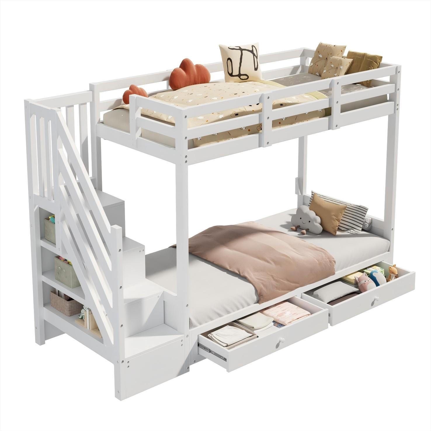 ETAGENBETT 90/200 cm mit Sofa, Treppenschrank und 2 Schubladen, Weiß - Weiß, Holzwerkstoff (90/200cm) - Redom