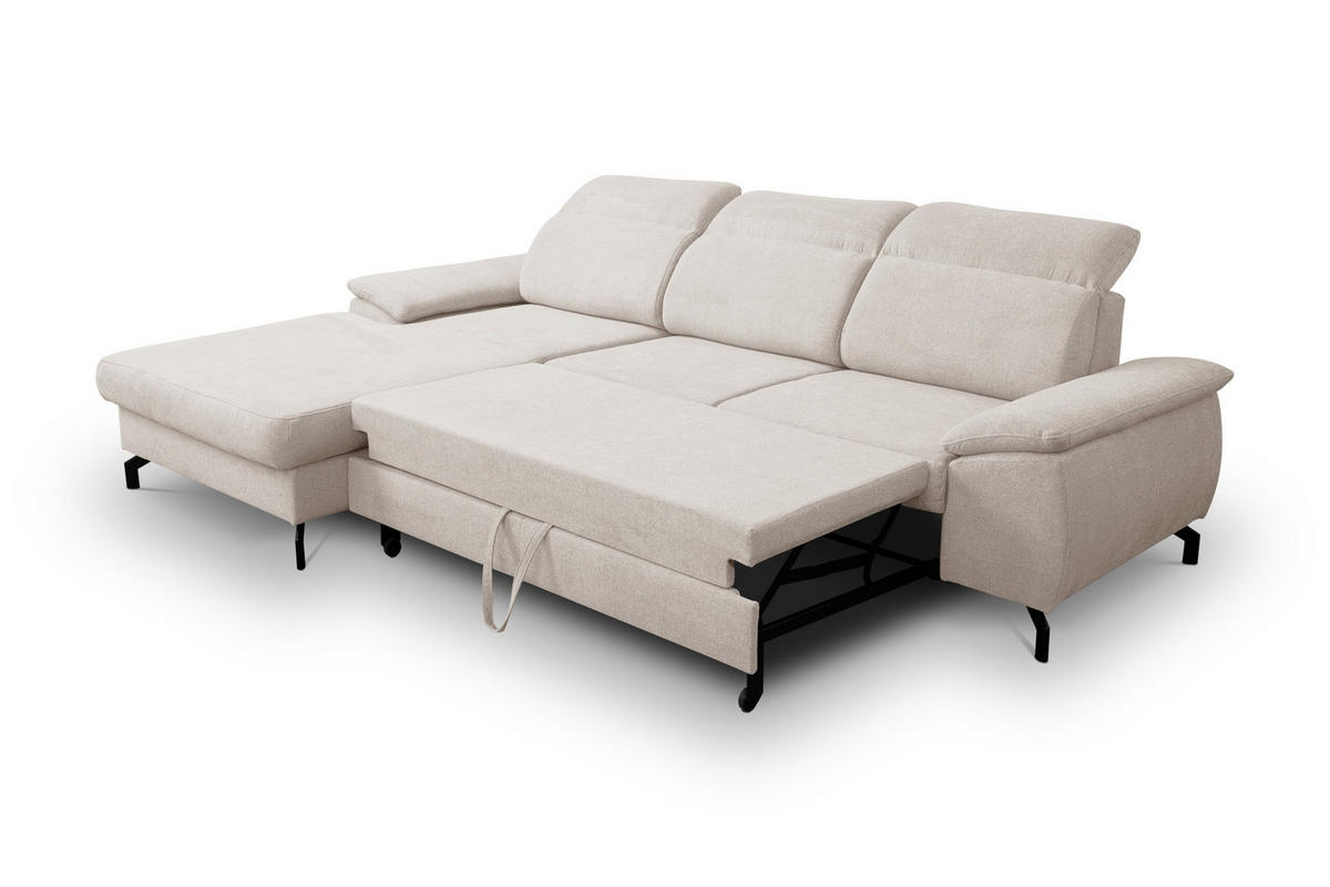 ECKSOFA MALIBU mit Schlaffunktion und Bettkasten, Farbe: Beige, Velourstoff, Ottomane Links - Beige, Textil (276/184cm) - VENASI MÖBEL