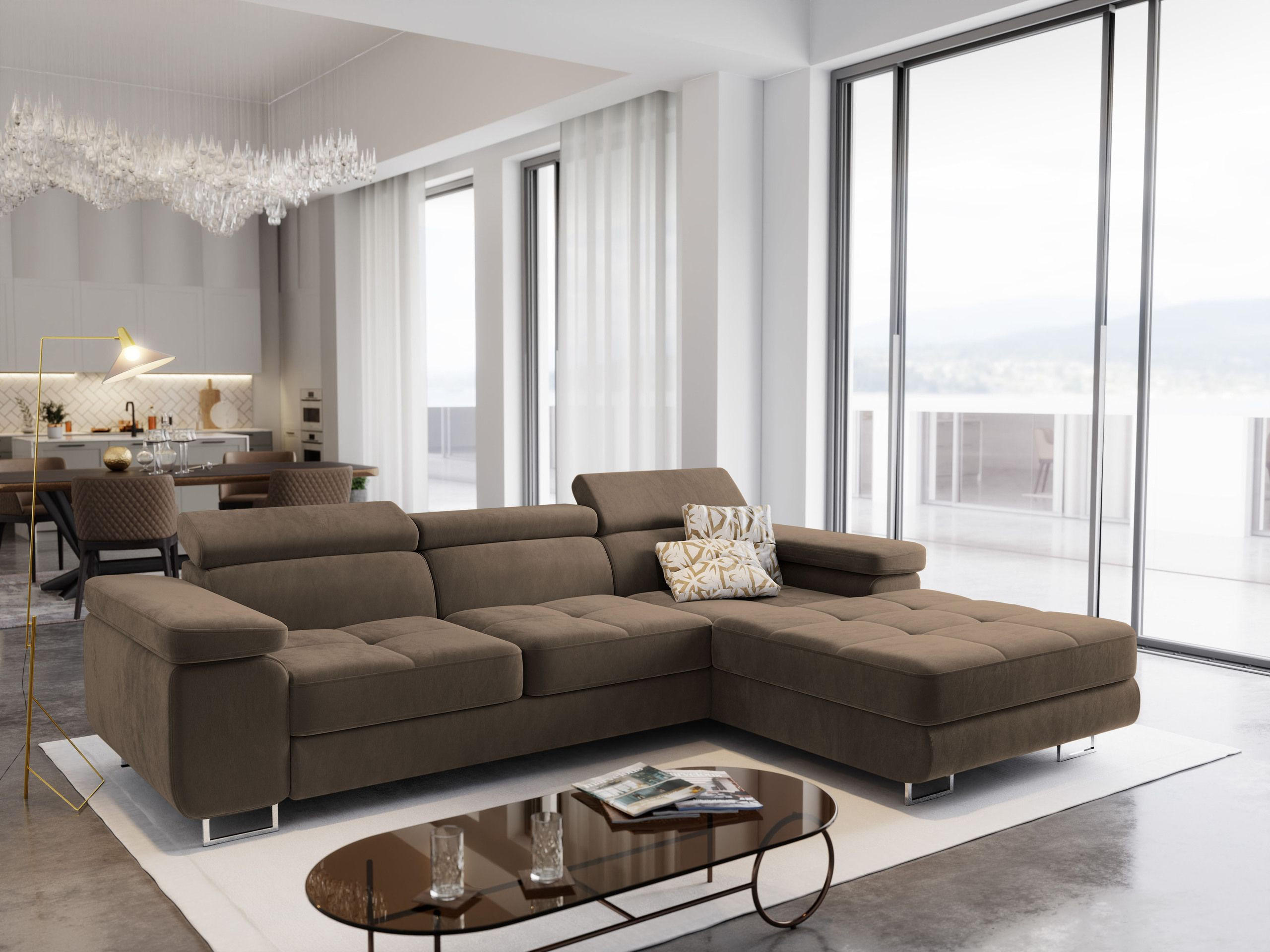 ECKSOFA ELMA R-S Beige Velours-Stoff mit Schlaffunktion - Beige, Holz (280/205cm) - MASSENO