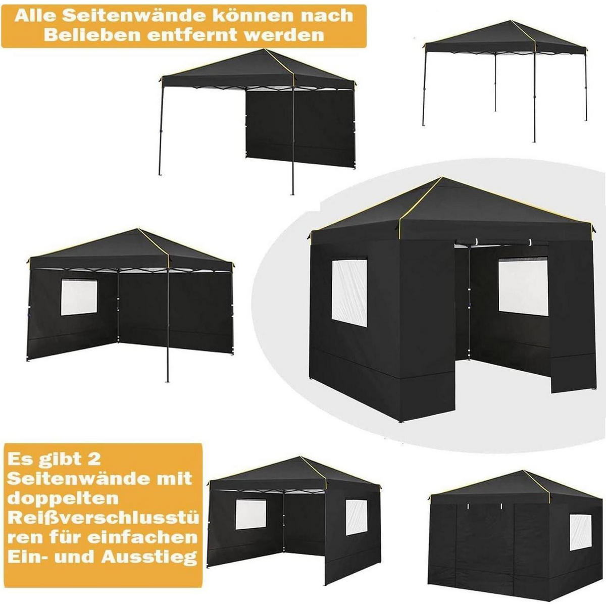FALTPAVILLON 3x3 m mit 4 Seitenteilen Schwarz - Schwarz, Metall (300/320/300cm)