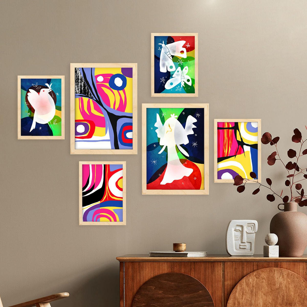 POSTER Set Mit 6 Flügel Des Friedens In Farbenfrohe Abstracts Ästhetische Dekorative Gemälde Für Ihr Wohnzimmer Zuhause A3 & A4 Rahmen Aus Hellem Holz - Beige, Papier (29/3cm) - Nacnic
