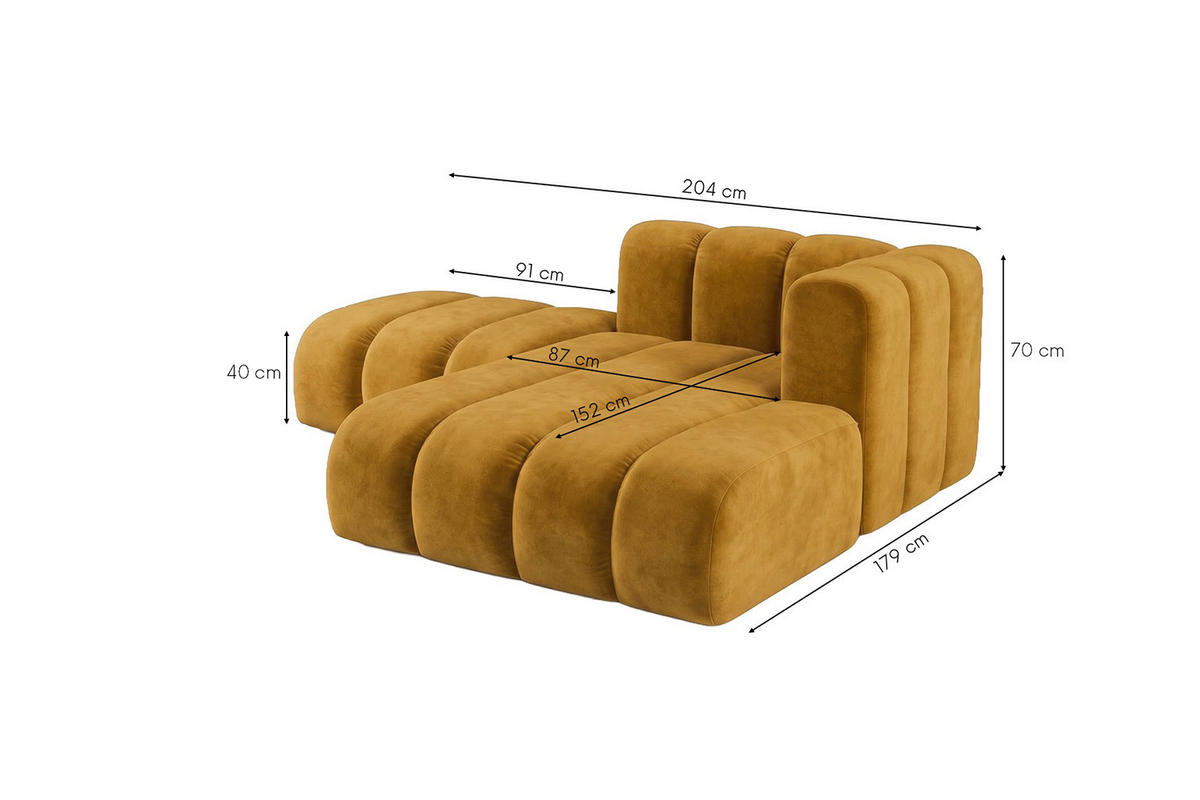CHAISELONGUE Modulare Mit Hocker, Velvet-Stoff Riviera, Senffarbe, Rechts, GRAND - Gelb, Holz (204/179cm) - Kaiser Möbel