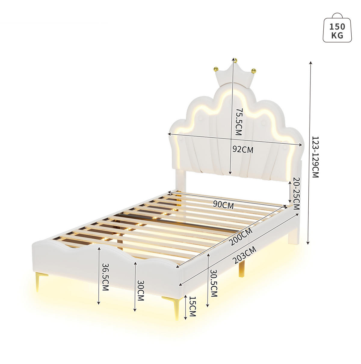 POSTEL 90/200 cm s LED osvětlením, korunkovým čelem a měkkým čalouněním, Bílá - bílá, plast (90/200cm) - Redom
