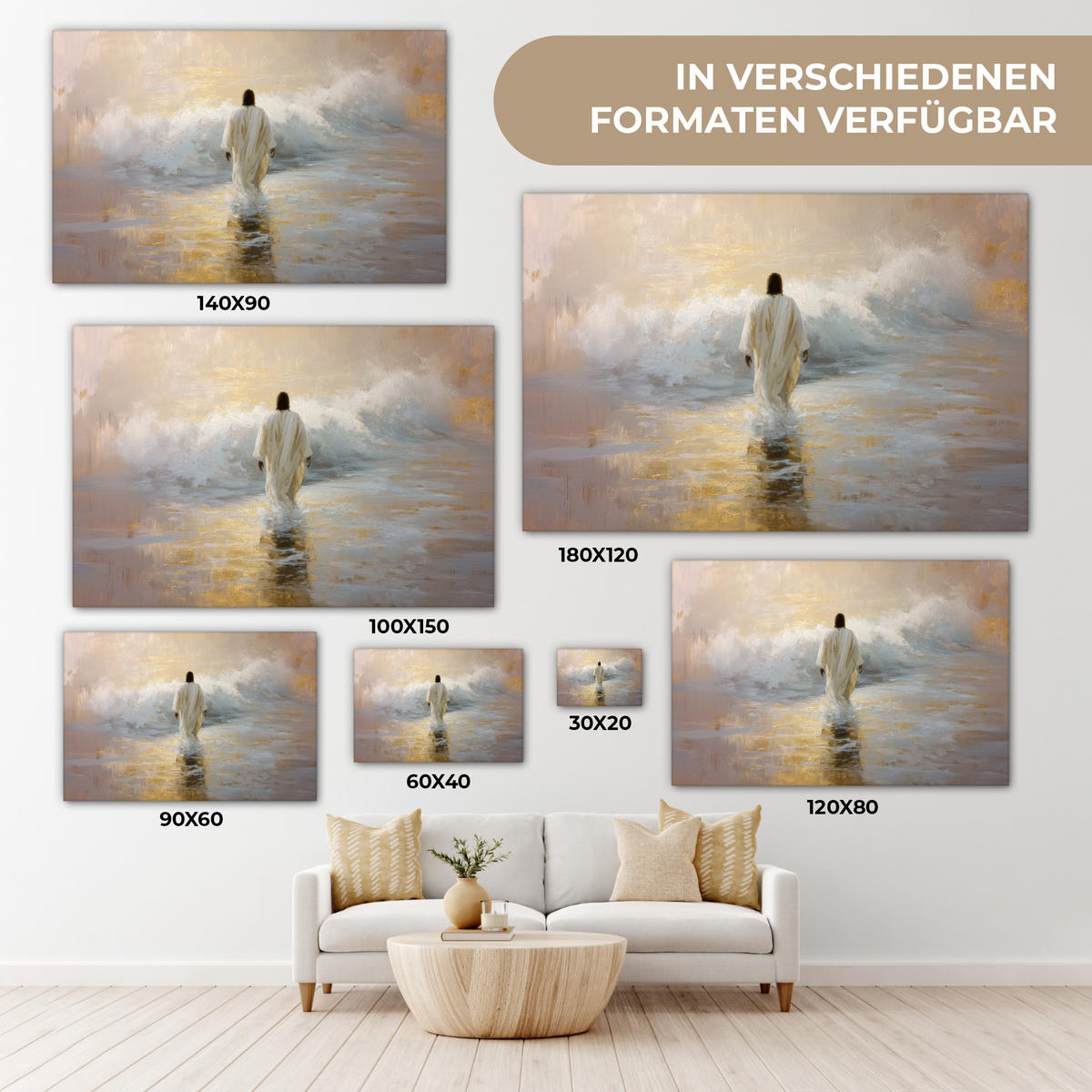 LEINWANDBILD Gemälde - Welle - Jesus - Abstrakt XXL 150x100 cm - Goldfarben, Textil (150/100cm) - MuchoWow