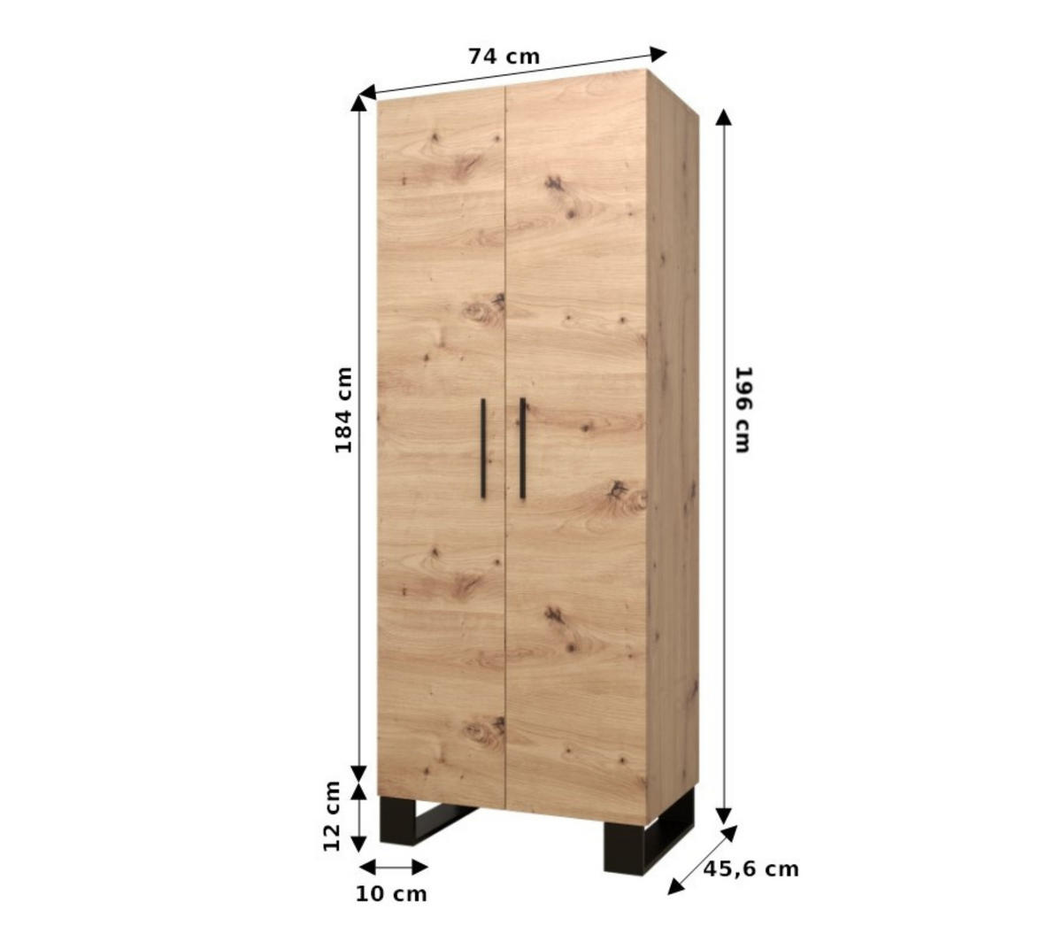 GARDEROBENSCHRANK 196/74/45,6 2-türig - Schwarz/Eiche Artisan, Holz/Kunststoff (74/196/45.6cm) - Abiks Möbel