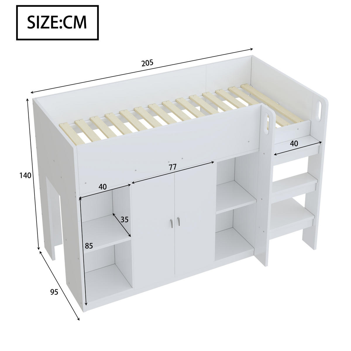 HOCHBETT aus Holz 90x200 cm in Weiß/Grau mit Leiter, Schrank & Regalen - Weiß, Holz (90/200cm) - Modfu