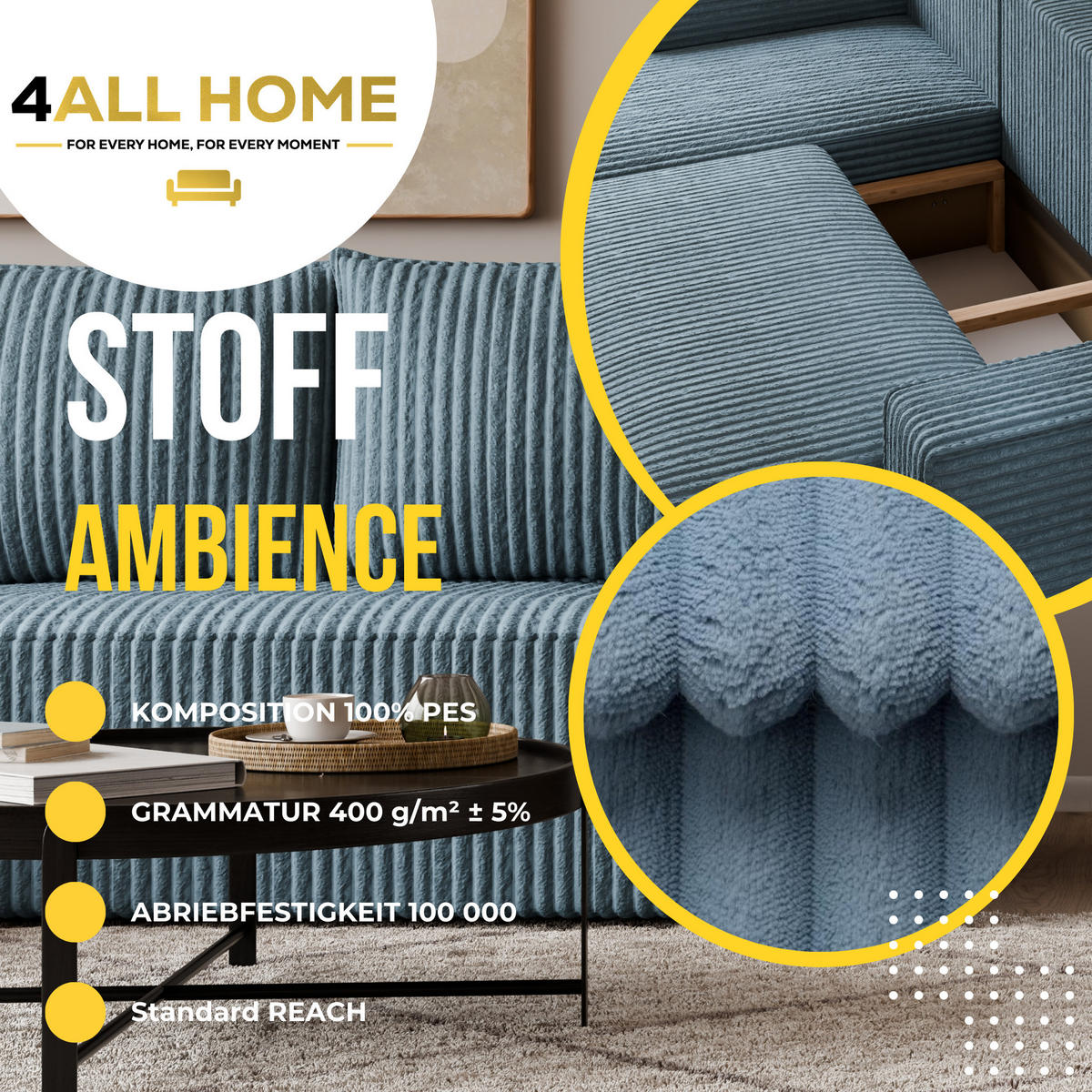 ECKSOFA Tobi mit Bettkasten und Schlaffunktion, L-Form, Cordstoff, Universal - Pastellblau, Holzwerkstoff (246/145cm) - 4ALL HOME
