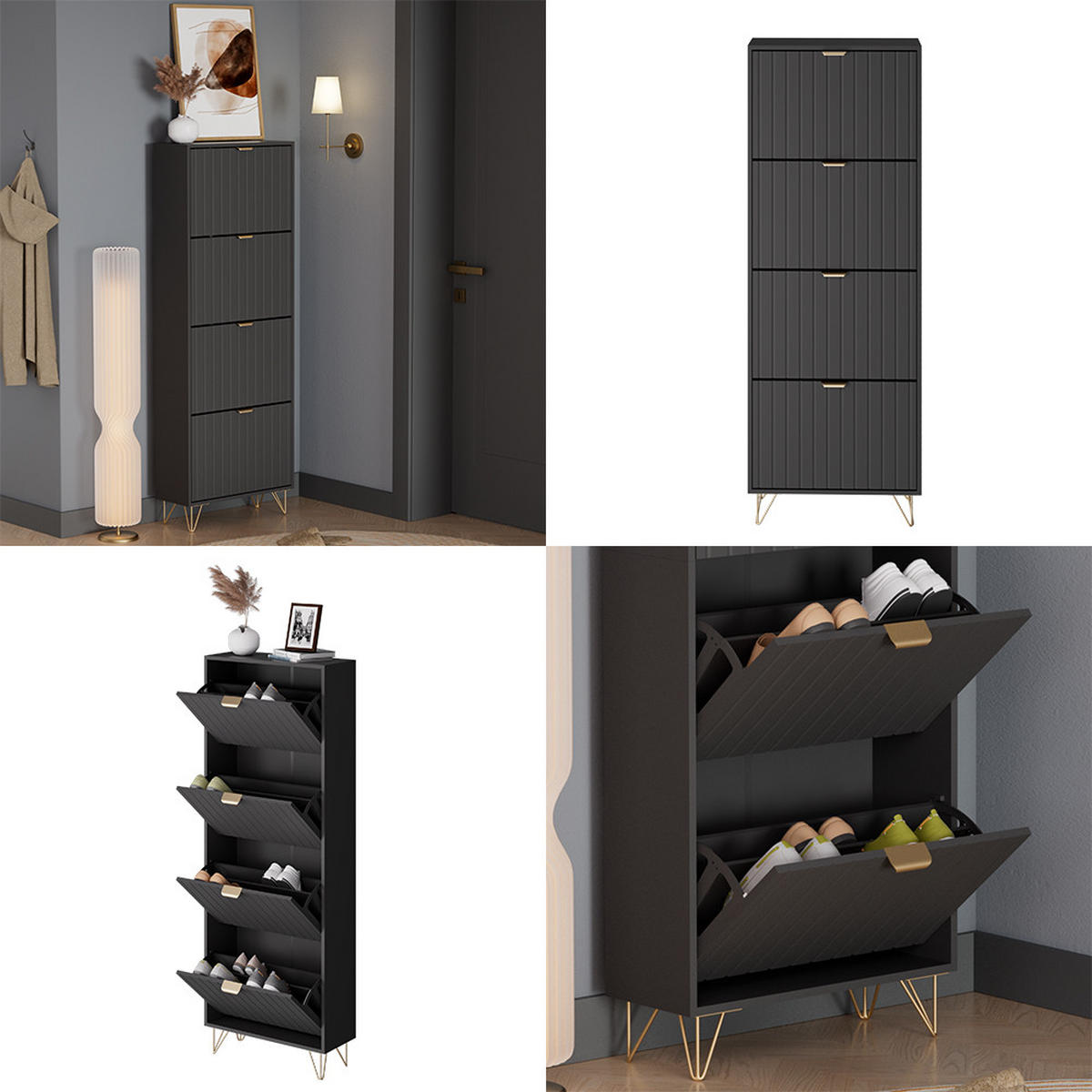 SCHUHSCHRANK Helge Schwarz 60 x 166.7 cm 4 Fächer - Schwarz, Holzwerkstoff (60/166.7/23.5cm) - Vicco
