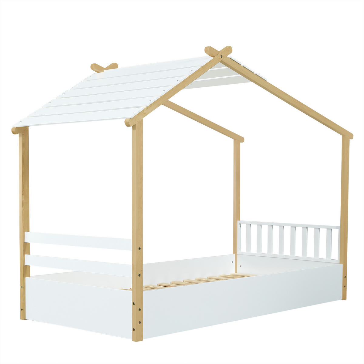 HAUSBETT aus Kiefer, Spanplatte und MDF 90x190 cm Weiß/Natur mit Lattenrost im Hausdesign - Weiß, Holzwerkstoff (90/200cm) - Modfu
