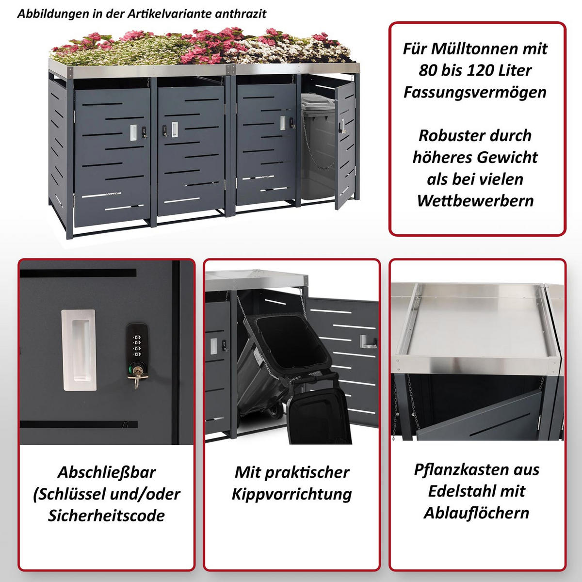 4ER-MÜLLTONNENVERKLEIDUNG H40B rechteckig Anthrazit - Anthrazit, Metall (230/110/62cm) - MCW
