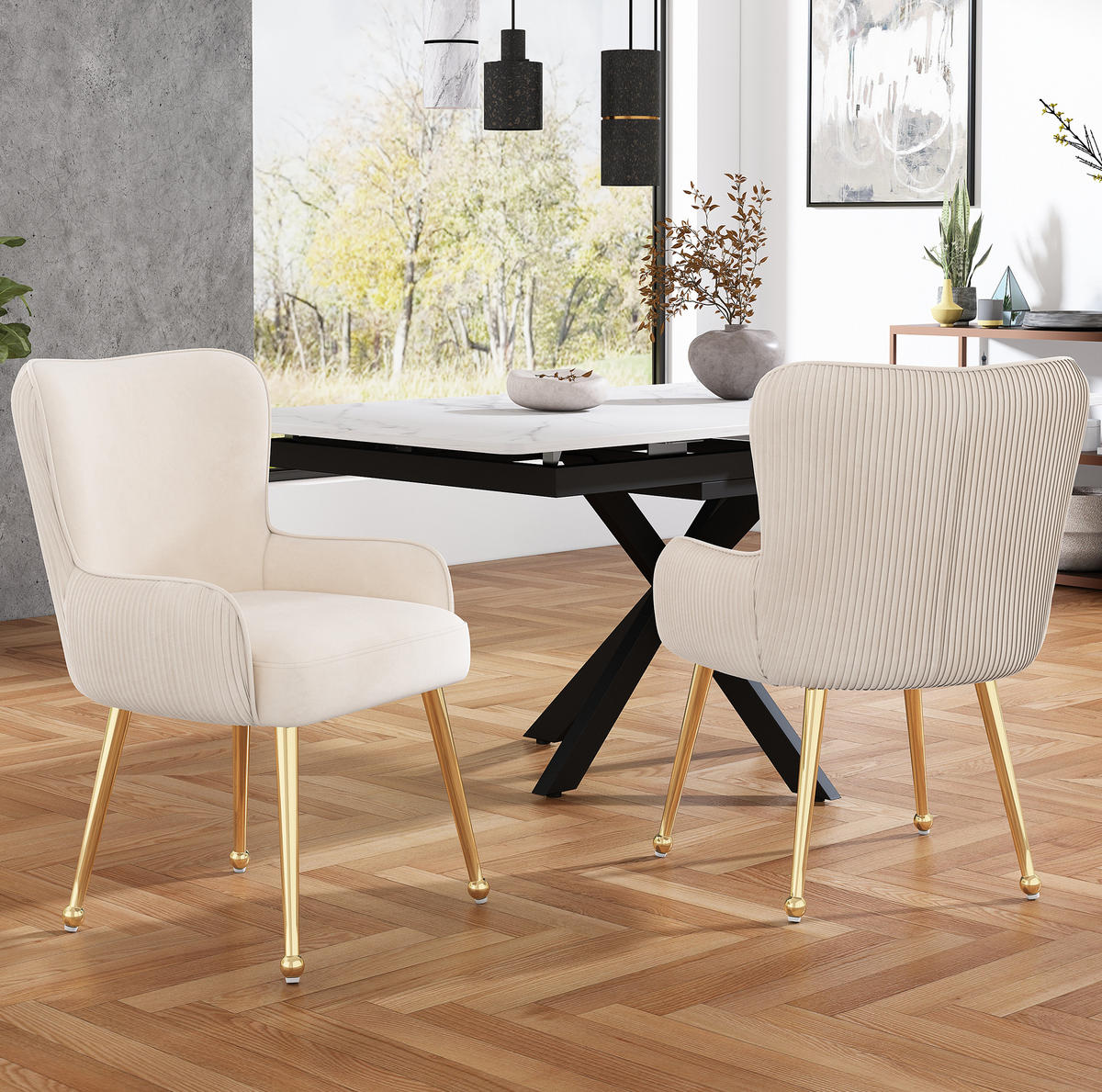 ESSZIMMERSTUHL 4er-Set mit Armlehnen Samt Beige/Gold - Beige, Metall (47.5/83/57.1cm) - Meubliv