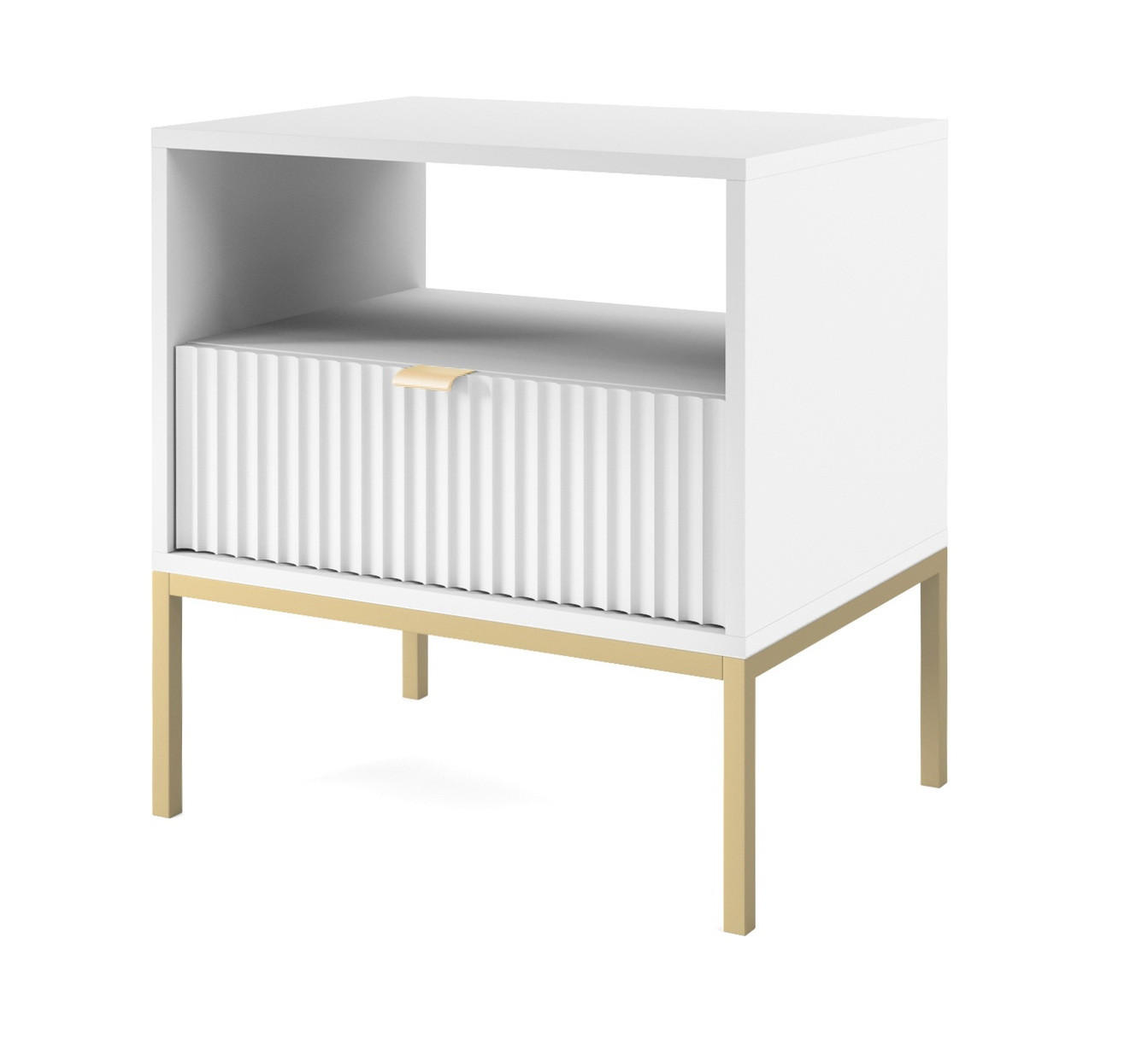 NACHTTISCH 54 cm Galla mit Schublade, Geriffelte Fronten, Weiß + Gold - Goldfarben/Weiß, Holz (54/56/39cm) - Emporius